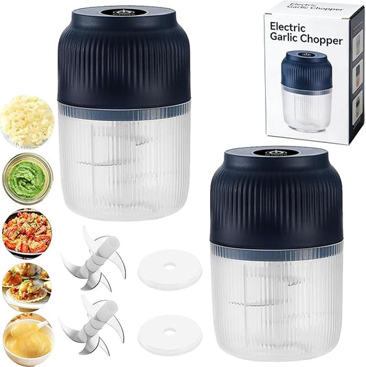 Electric Garlic Chopper, Mini Portable Veggie Cutter, Veggie Chopper with Container and Lid, Rechargeable Cordless Food Chopper for Garlic, Onion, Chili, Fruits Vegetables (Blue*2)