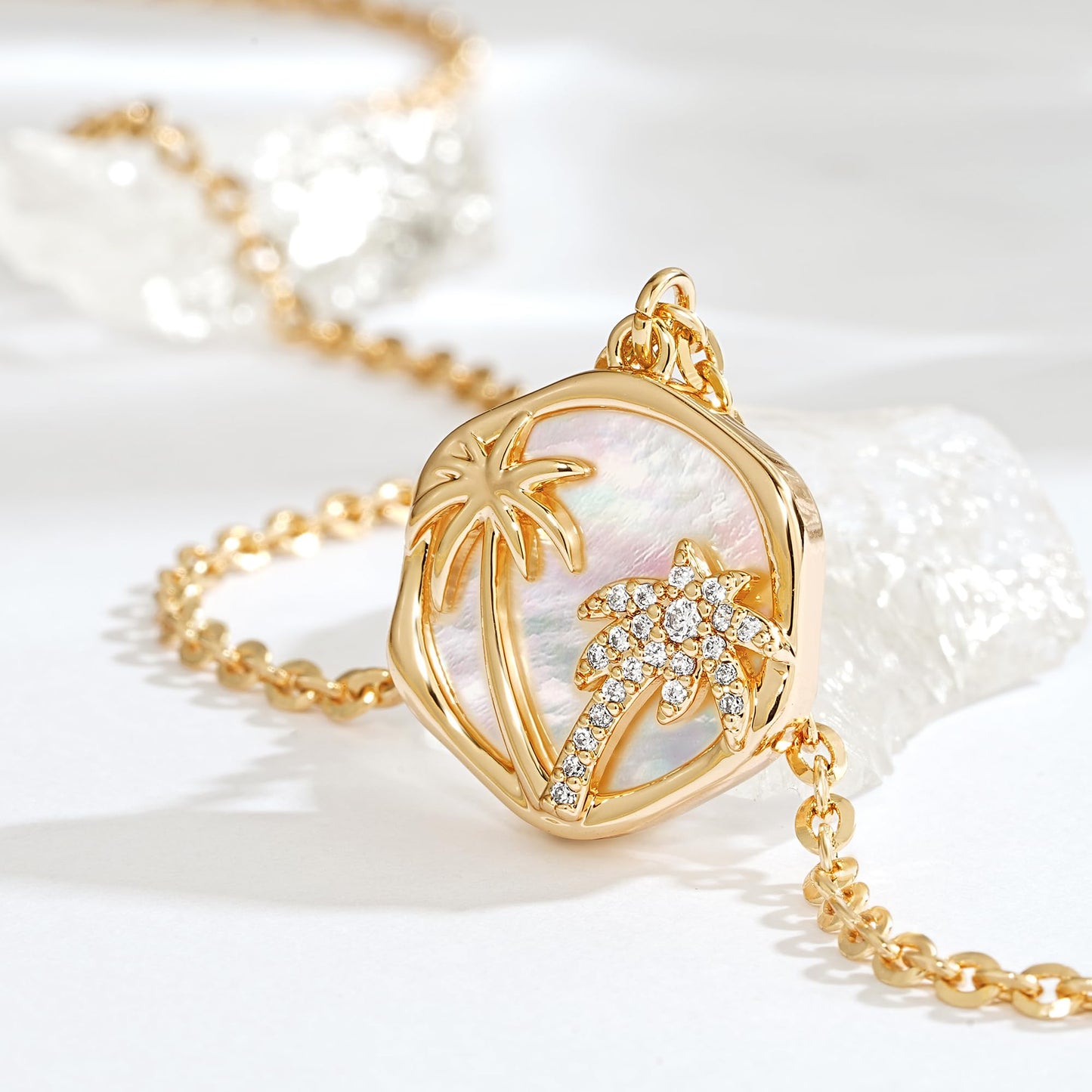 Fettero 14K Gold Plated Necklaces for Women Dainty Mother of Pearl Palm Tree Pendant Charm MOP Gold Coin Necklace Jewelry Gift