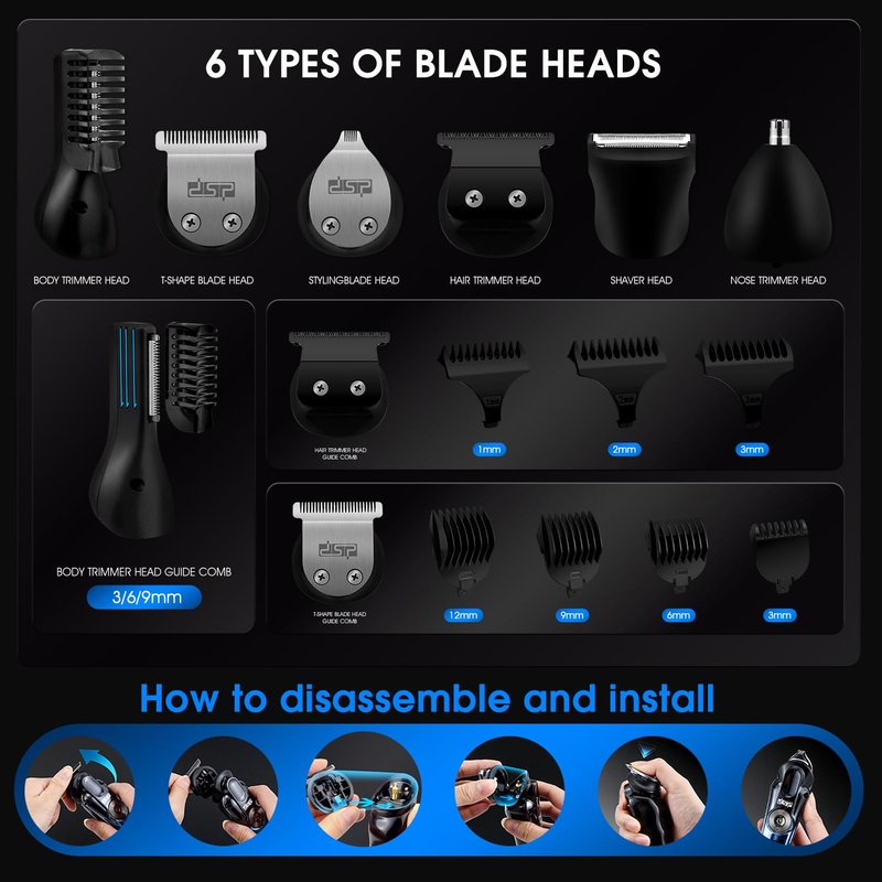 DSP® Beard Trimmer Rechargeable Body Grooming Sets Facial Hair Shaver for Nose Ear Public Hair Cutting Machine IPX7 Waterproof