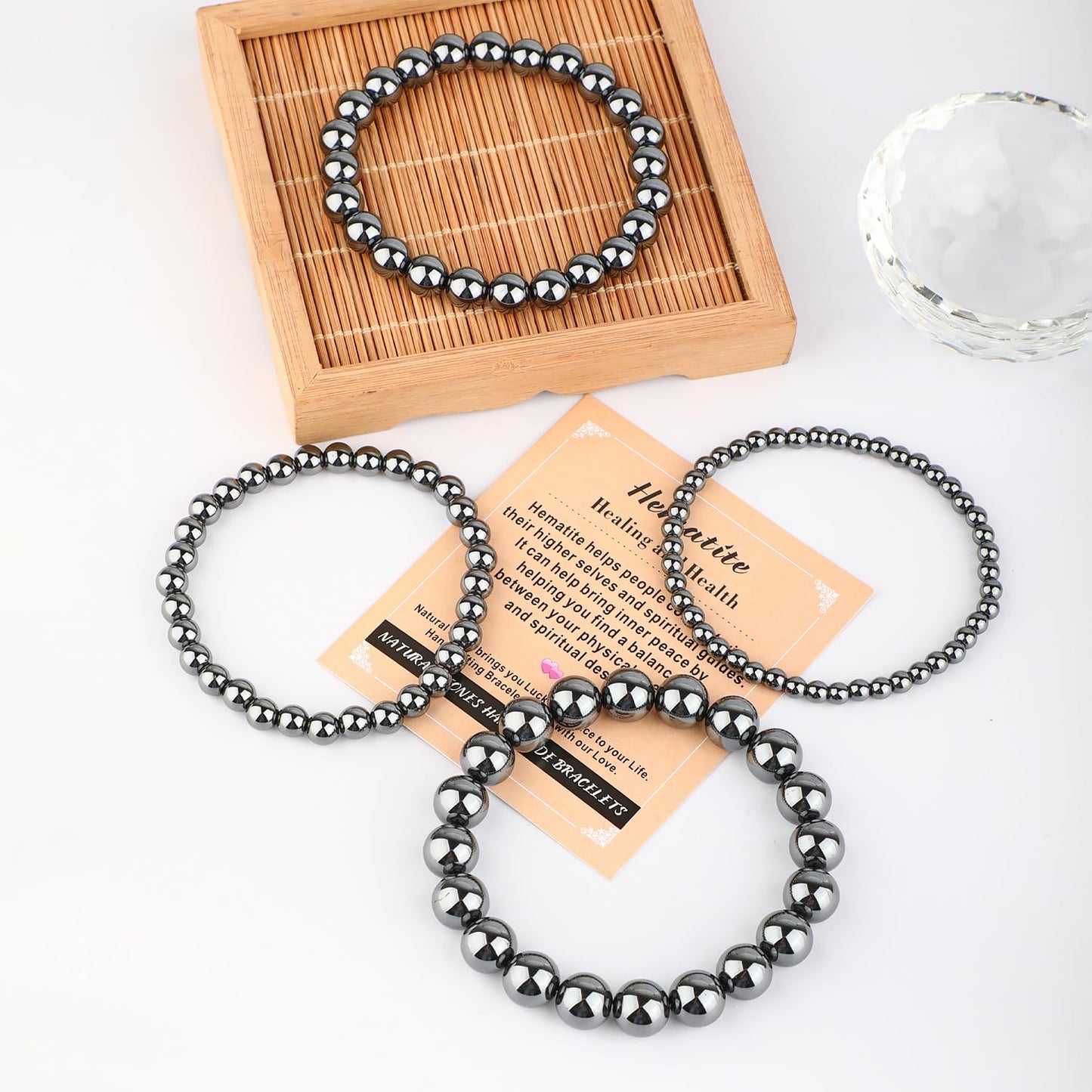 AD Beads 8mm Handmade Hematite Elastic Bracelet – Natural Gemstone for Healing and Health – Meditation, Yoga, Healing and Energy Gift for Men Women