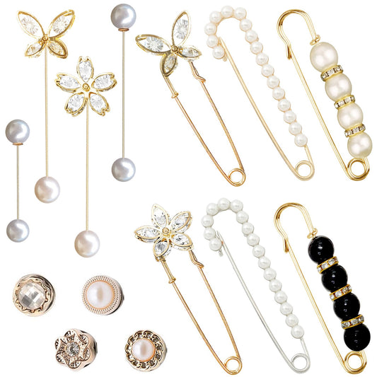 14 Pieces Brooch Safety Pins, Pearl Brooch Button Pin Pant Waist Tightener Pins for Clothes Sweater Shawl Collar Dress Cardigan Shirt Jeans Accessories for Women Girls(Chic)