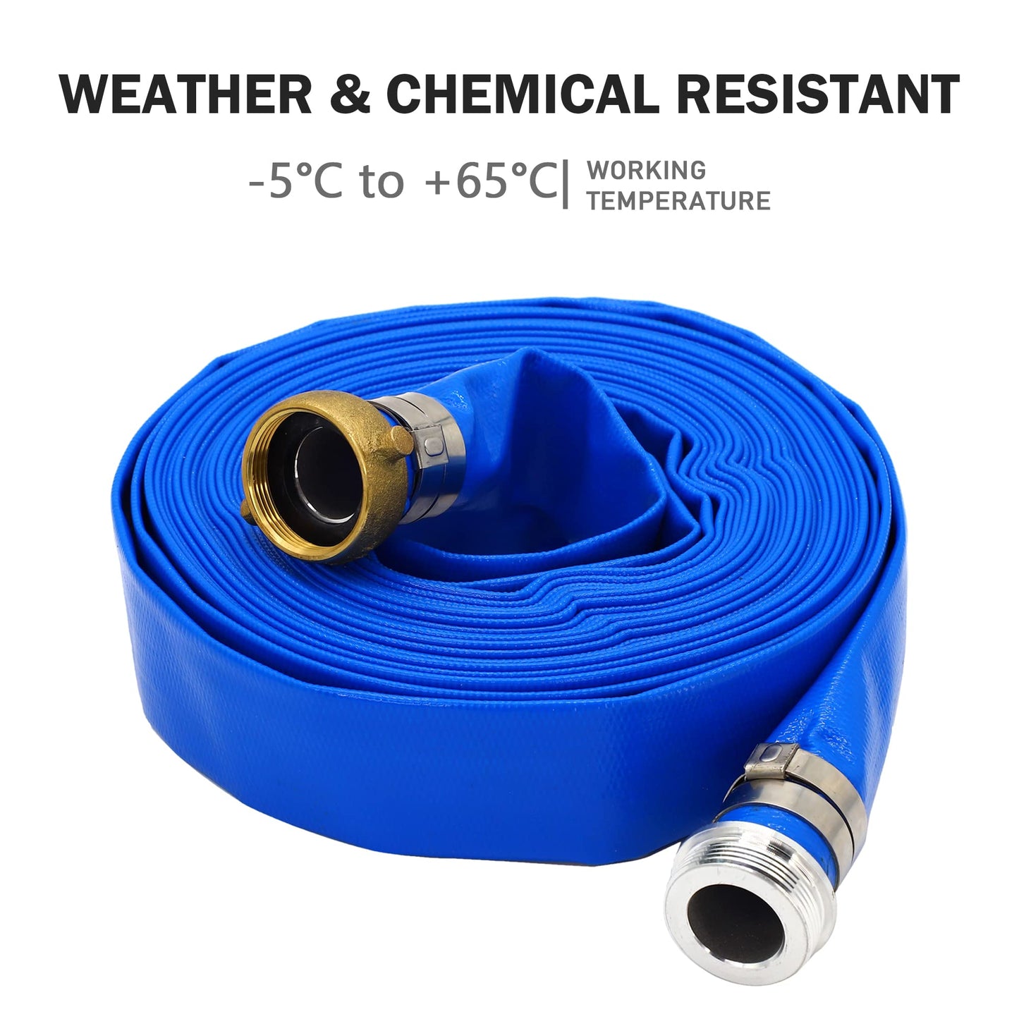 DAVCO 1.5" ID × 50 ft Pool Backwash Hose, Heavy Duty Reinforced Blue PVC Lay Flat Water Discharge Pump Hoses For Swimming Drain Pools and Clean Filters, With Aluminum Pin Lug Fittings