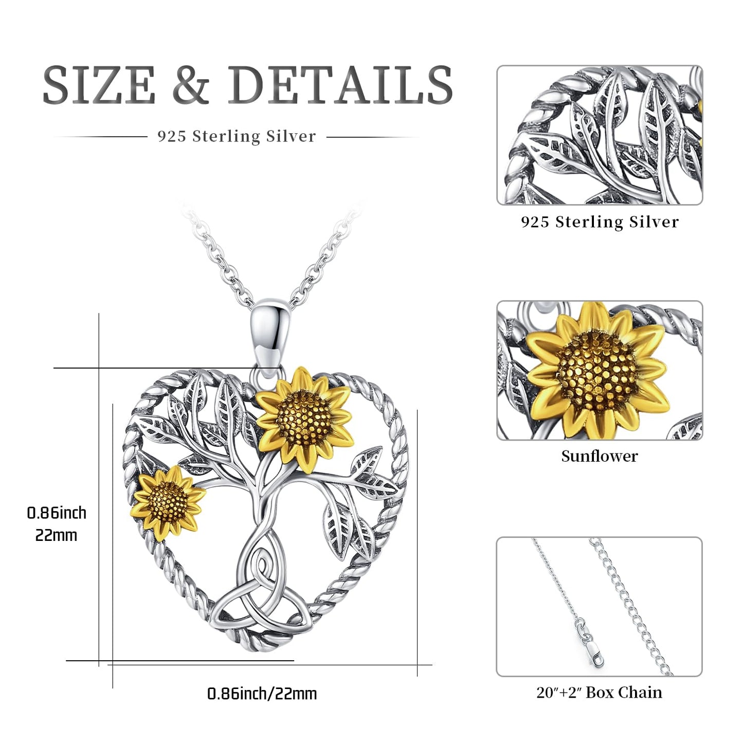 CHENGHONG Sunflower Necklace 925 Sterling Silver Tree of Life Necklace Heart Sunflower Sunshine Jewelry Gifts for Women
