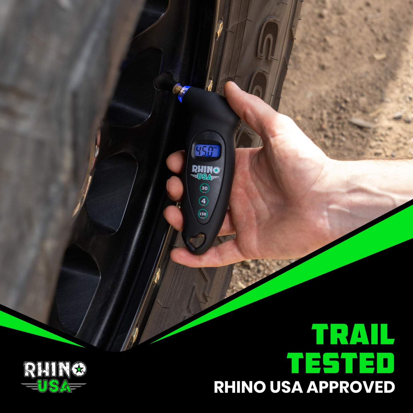 Rhino USA Digital Tire Pressure Gauge 150 PSI, 4 Ranges, Ergonomic Design w/Lighted Nozzle & LCD Backlit Display - Certified Accurate Readings, Best Digital Gage (Black)