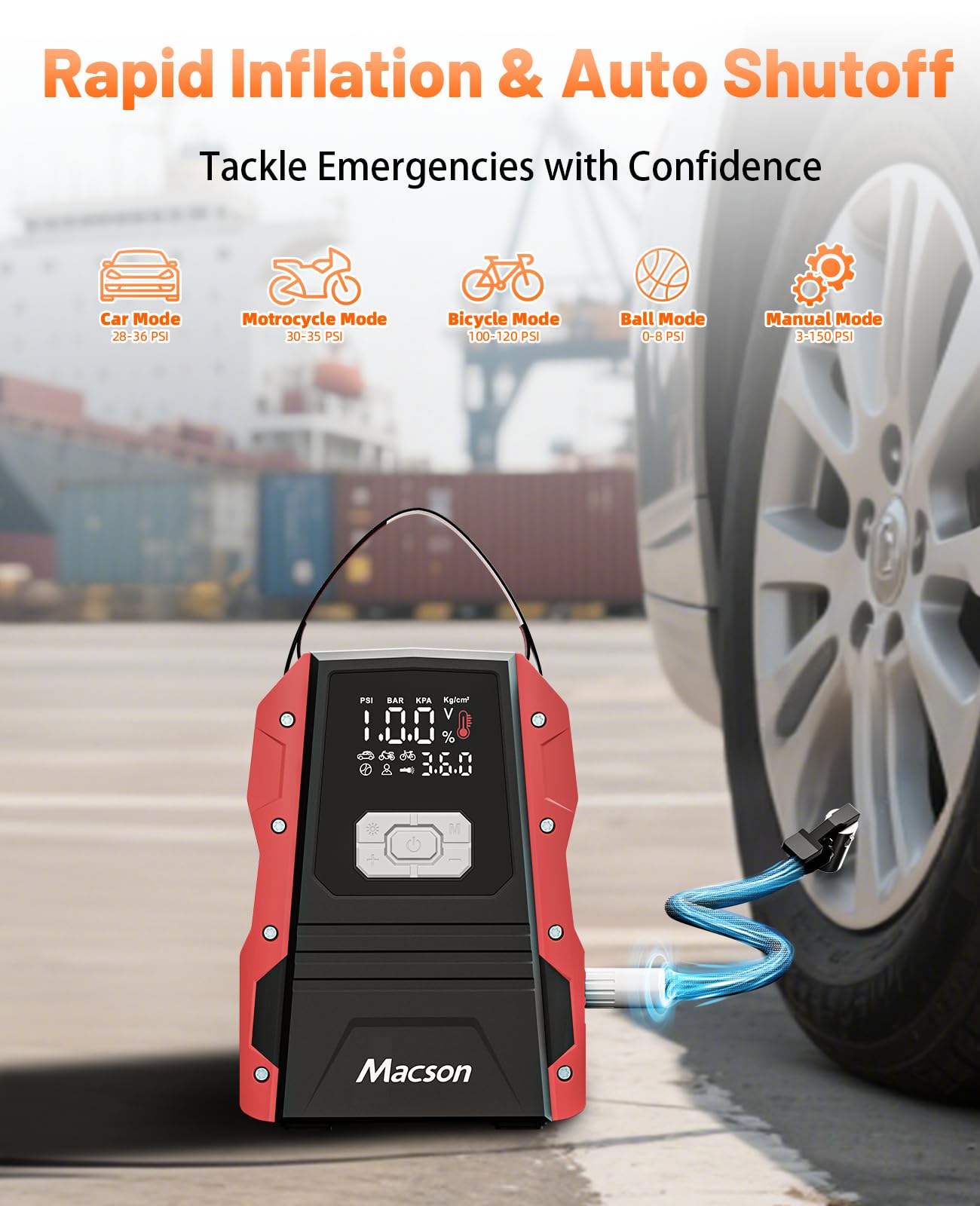 5000A Jump Starter with Air Compressor - Portable 12V Jump Box Battery Pack for 9.0L Gas/8.0L Diesel Engines, Car Jumper Starter Portable with 150PSI Tire Inflator, LED Screen, Fold-Up LED Flashlight