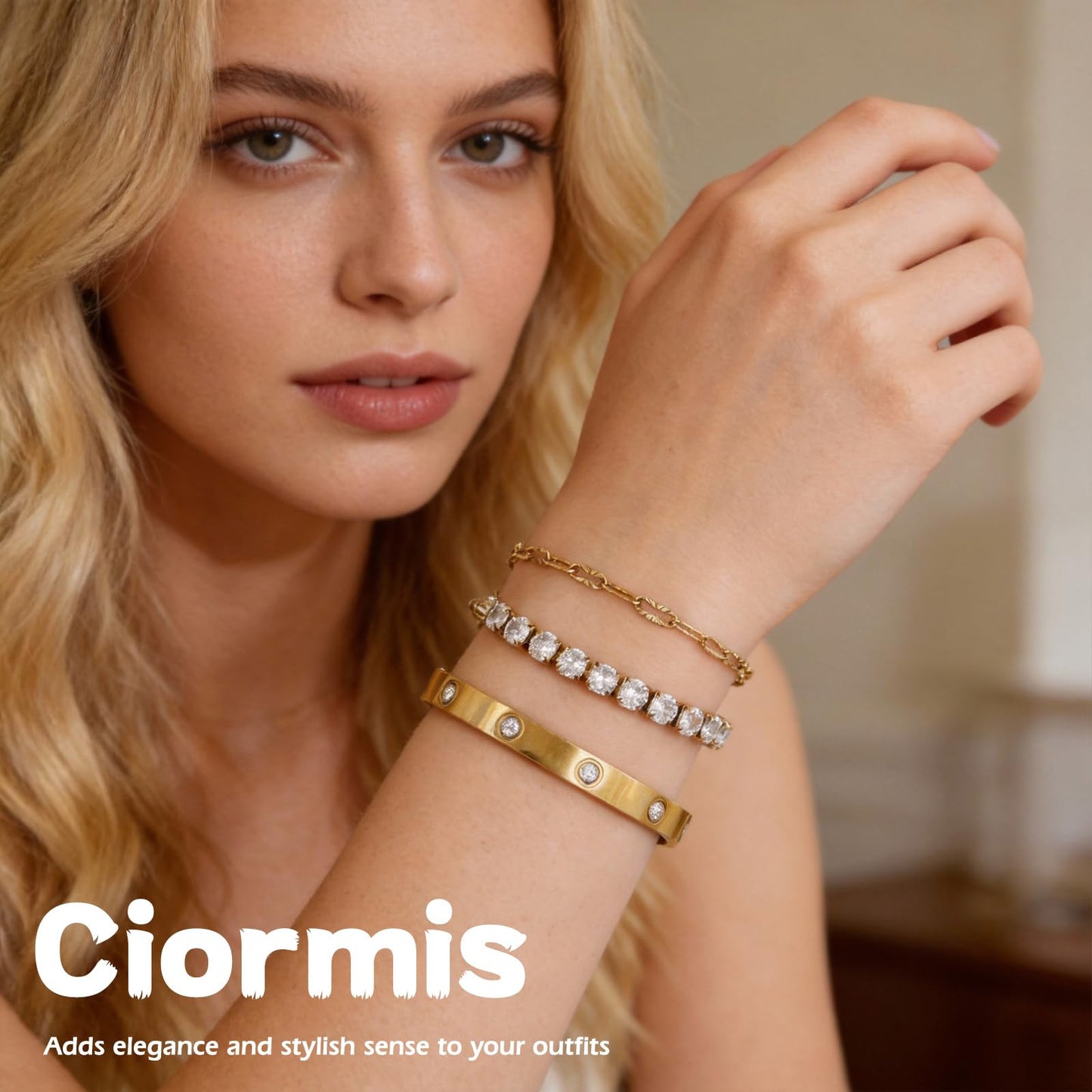 18K Gold Plated Paperclip Chain Tenni Bracelets Set, Stackable Rhinestone Bangle Bracelets for Women Tarnish Free Women's Trendy Jewelry Stainless Steel Hand Chain Bracelet Jewelry Gift Set for Women