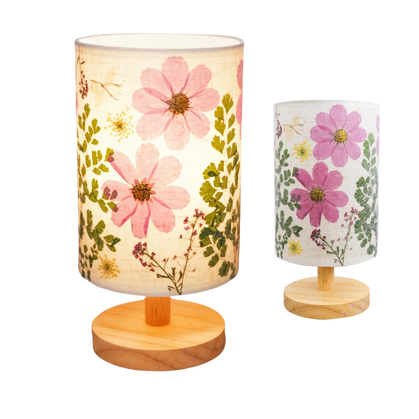 Floresita Dried Flowers Small Table Lamp 5W LED 3-Color Bedside Lamp Pressed Flowers Lampshade with Wood Base for Bedroom Living Room Desk Nursery