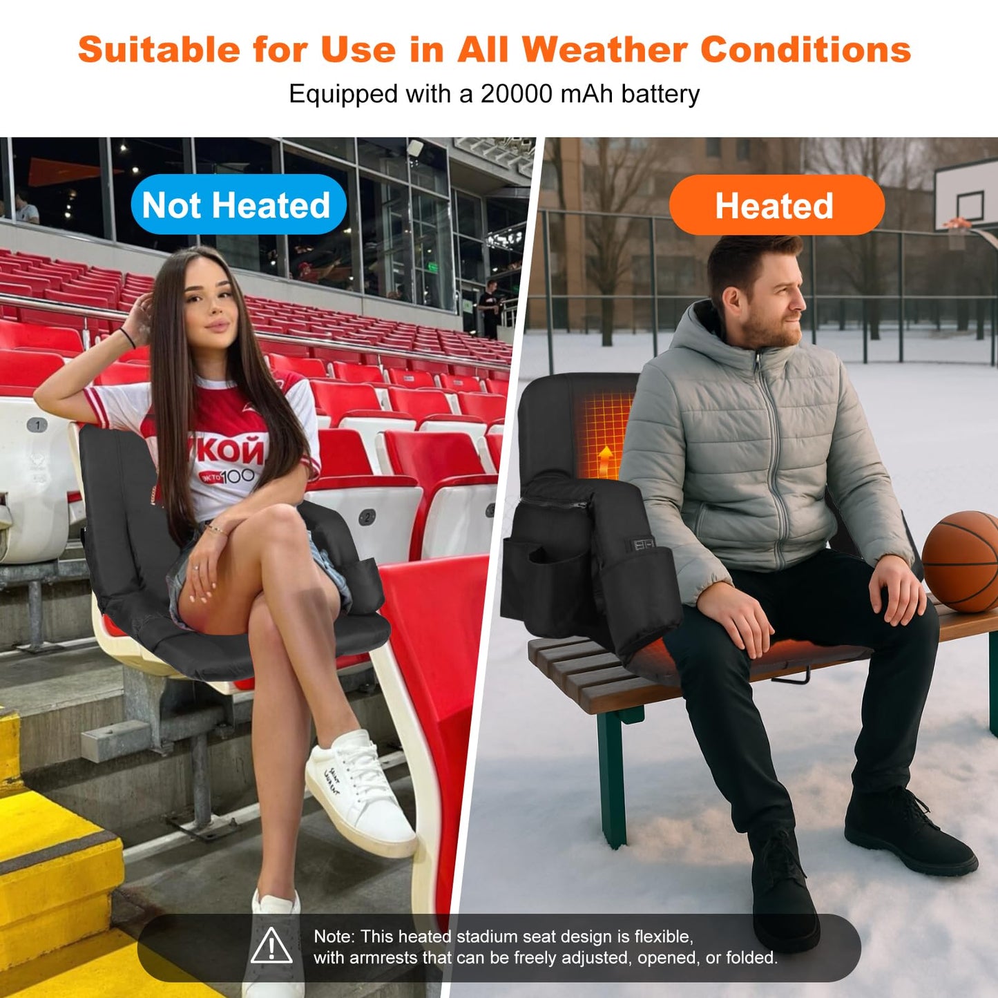 Moteoza Heated Bleacher Seat with Backrest with 5V 20000mAh Battery Heated Stadium Seats for Bleachers with Back Support Wide 25" Heated Stadium Chair 6 Reclinng Positions 3 Heating Levels 2PCS