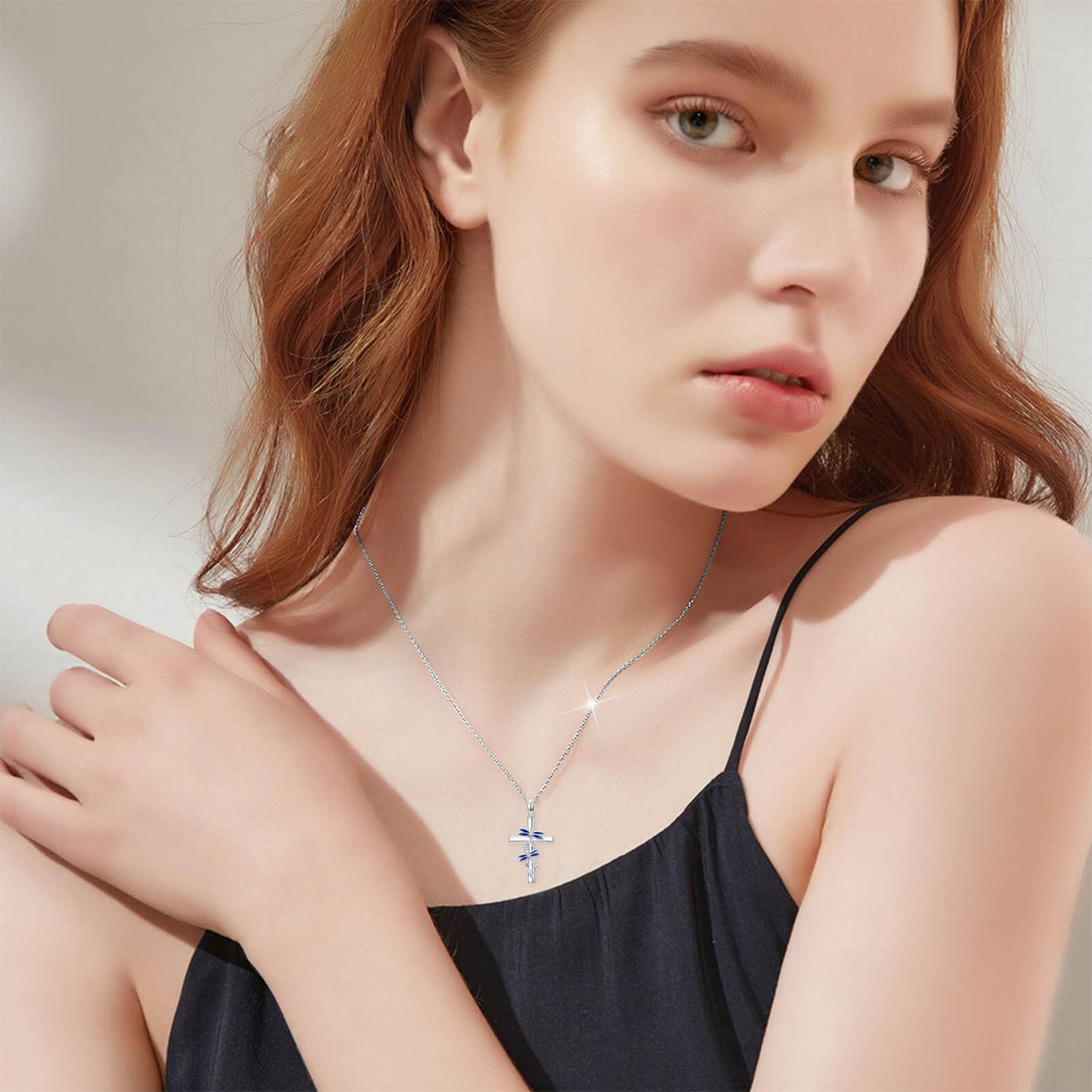 YYB Cross Necklace for Women 925 Sterling Silver Dragonfly Necklace Dragonfly Cross Pendant Valentine's Day Gifts for Women