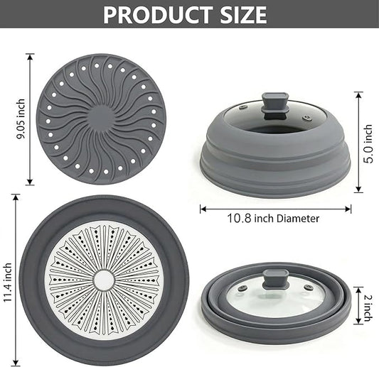 3 in 1 Microwave Splatter Glass Cover with Silicone Mat and Base Plate,BPA Free Collapsible Silicone Microwave Food Cover with Vent Hole and Anti-scald Silicone Handle,Dishwasher Safe (Large-Gray)