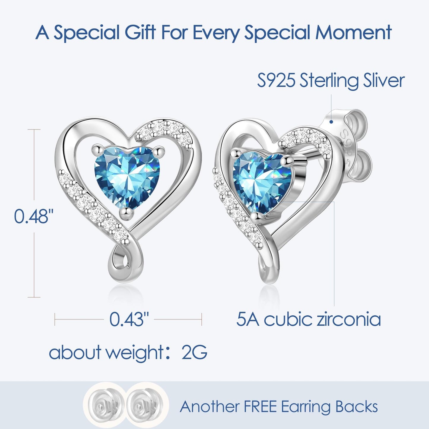 Zifeel Earrings for Women, 925 Sterling Silver Birthstone Heart Studs Earring for Girlfriend Wife, Anniversary Birthday Christmas Valentines Mother’s Day Gifts Jewelry for Women Wife Her Mom