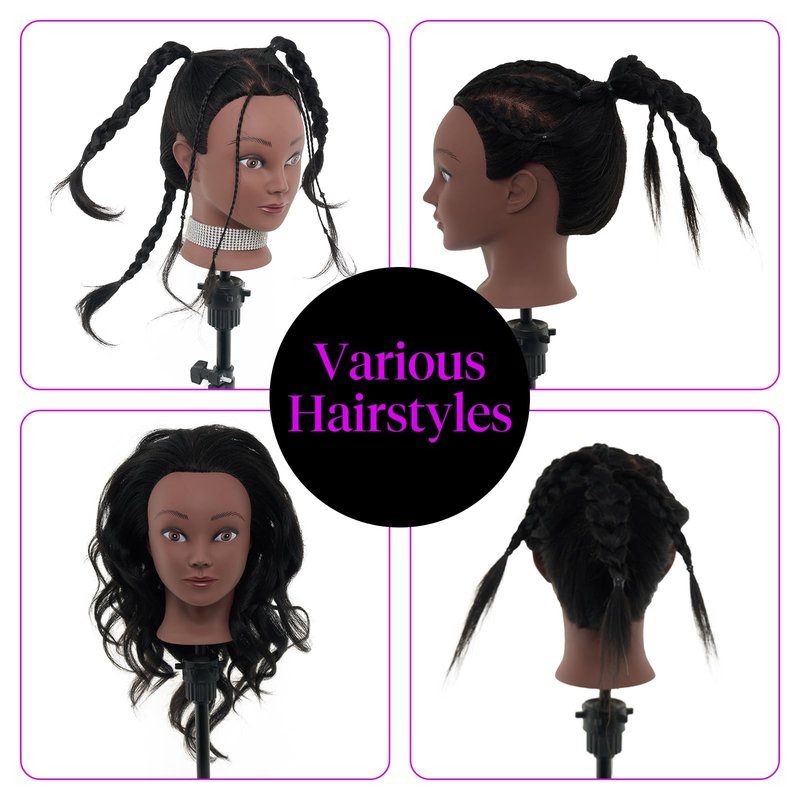 18" Mannequin Head Human Hair with Stand - 100% Real Human Hair Mannequin Head for Braiding, Cosmetology Manikin Doll Head for Hair Styling with Tripod Stand Table Clamp Hair Braiding Set,Black