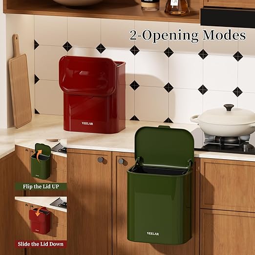 Hanging Stainless Steel Trash Can, 1.6 Gallon /6L Small Compost Bin for Kitchen Cabinet, Bathroom and Office (Red)