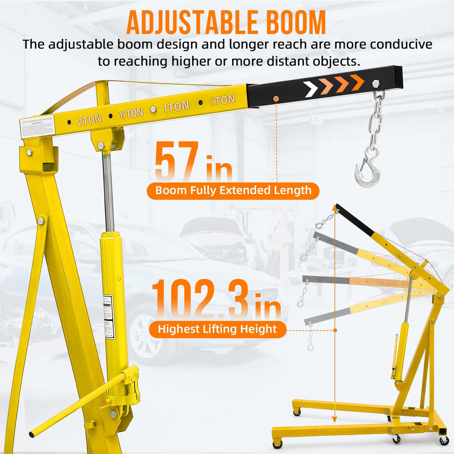 2 T Engine Hoist, 4000 LBS Heavy Duty Folding Cherry Picker Engine Lift Hydraulic Tilting Engine Shop Crane with 6 Iron Caster Wheels Telescopic Boom Hitch,Yellow