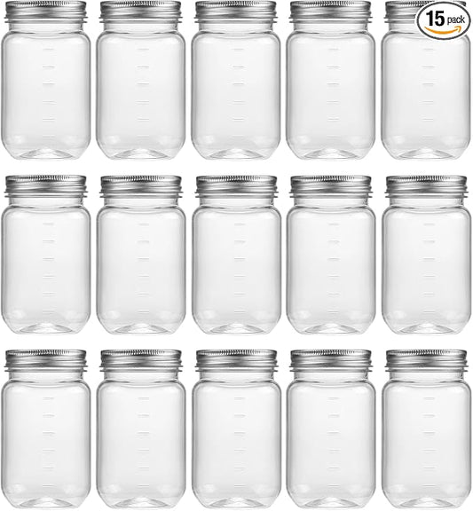 novelinks 16 oz Clear Plastic Jars with Lids, Refillable 16oz Mason Jars with Lids & Storage Containers for Kitchen & Household Use (15 Pack,Silver)