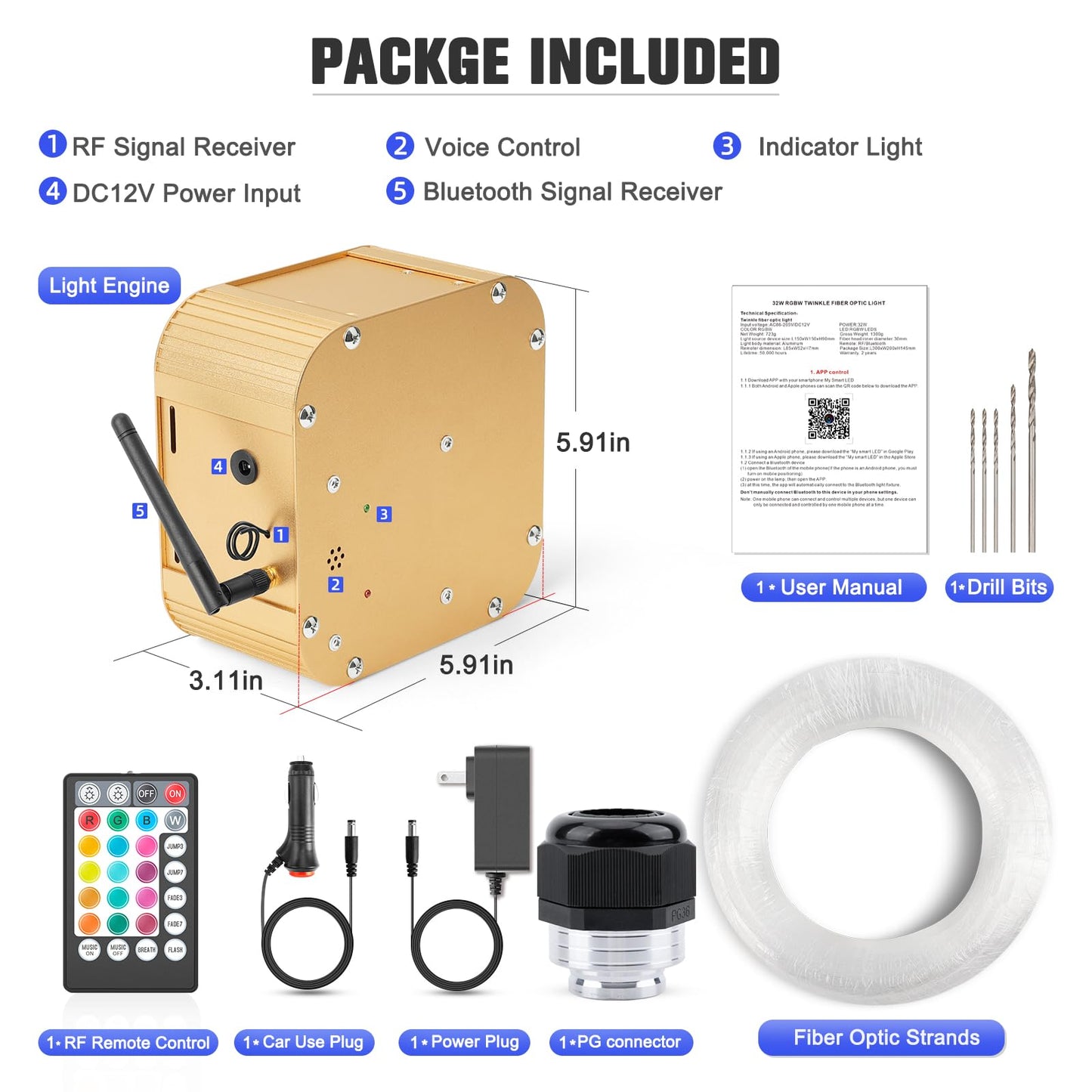 SUNKENET 32W Twinkle Starlight Headliner Kit, 800pcs*0.03in*13.1ft LED Fiber Optic Lights Kit, Star Ceiling Light+10 Crystals+Adapter+Cigarette Lighter for Car Roof/Home with APP/Remote/Music Mode