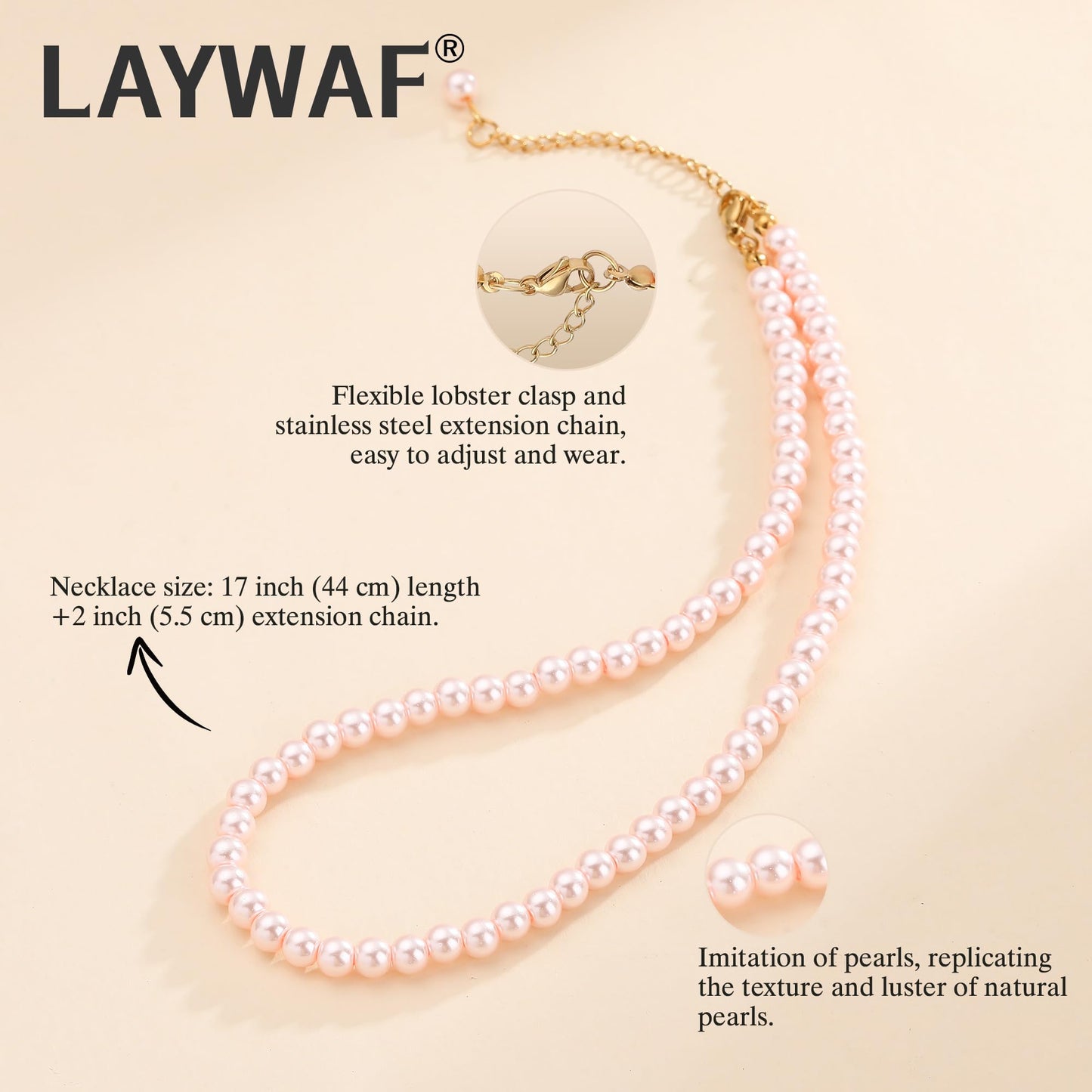 LAYWAF Pink Imitation Pearl Necklaces for Women Mom, 6MM Fake Pearl Choker Necklace, Beaded Necklace Faux Pearl Costume Pearl Necklace, Wedding Costume Jewelry