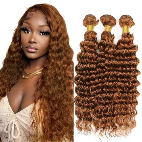Giginger Brazilian Human Hair Bundles 26 28 30 Inch Color 30 Light Brown Deep Wave Bundles Human Hair Unprocessed Virgin Quick Weave Hair for Black Women