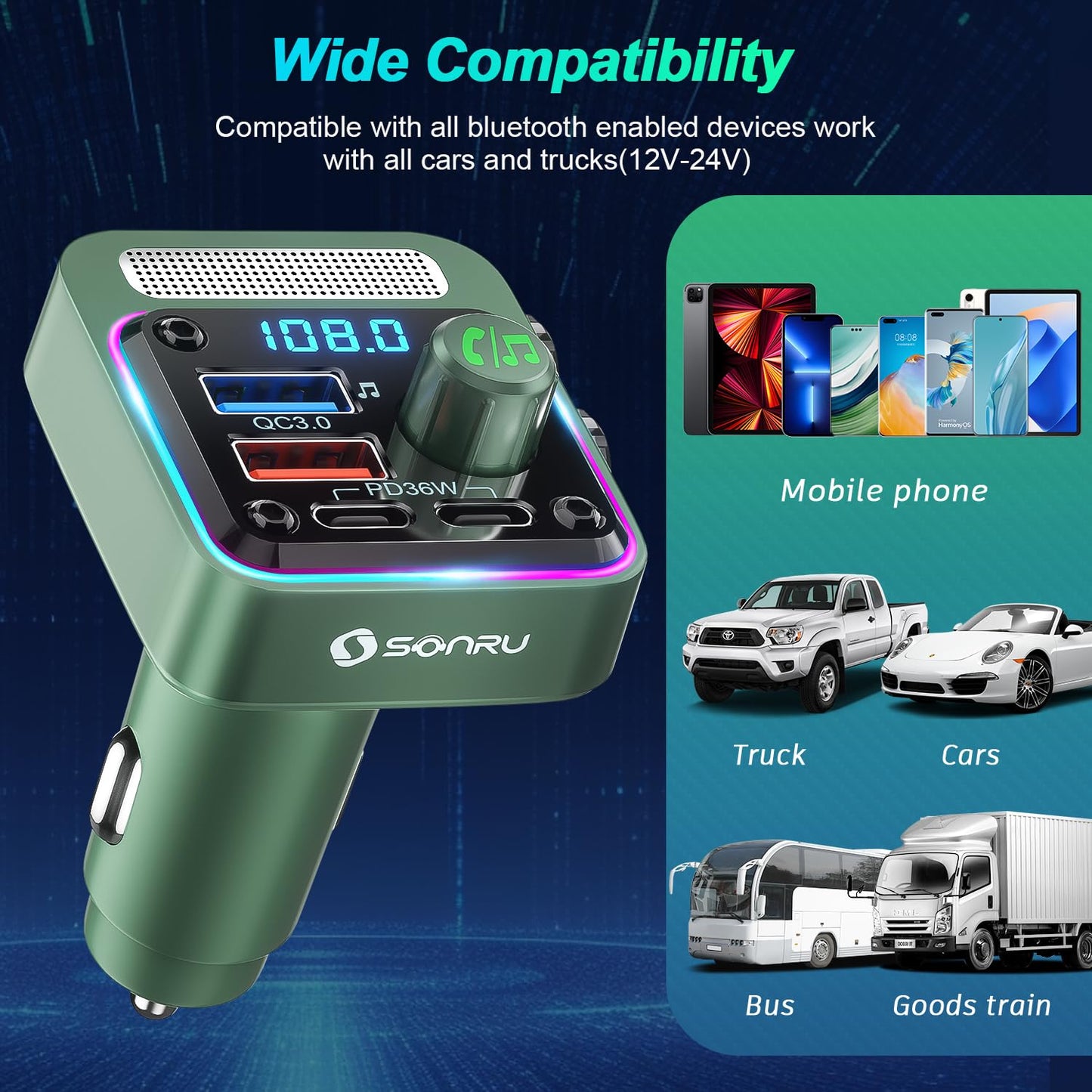 Bluetooth 5.3 FM Transmitter Car Adapter - SONRU Car Charger 54W [PD 36W & QC3.0 18W], Wireless FM Radio Transmitter [HiFi Treble & Bass Player], 5 Colors LED Backlit, Hands-Free Calling, U-Disk