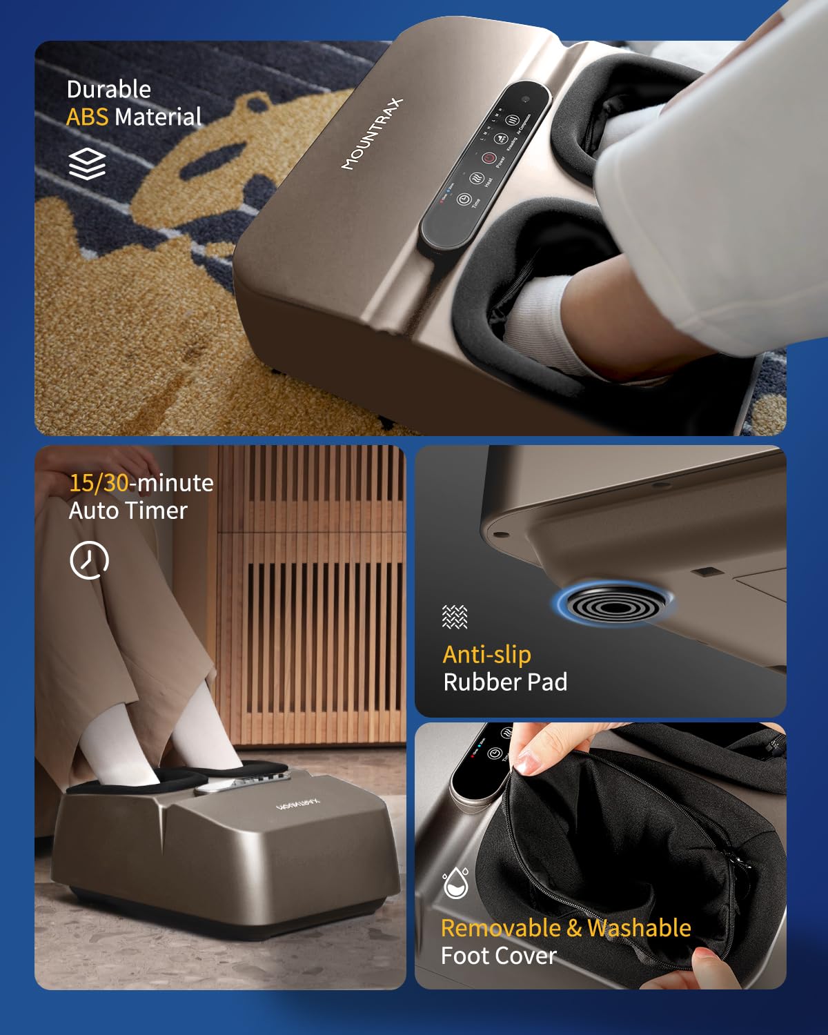 MOUNTRAX Foot Massager Machine with Heat, Foot Massager for Plantar Fasciitis, Neuropathy Pain, Shiatsu Foot Massager with Remote, Fits Feet Up to Men Size 12 (Gray)