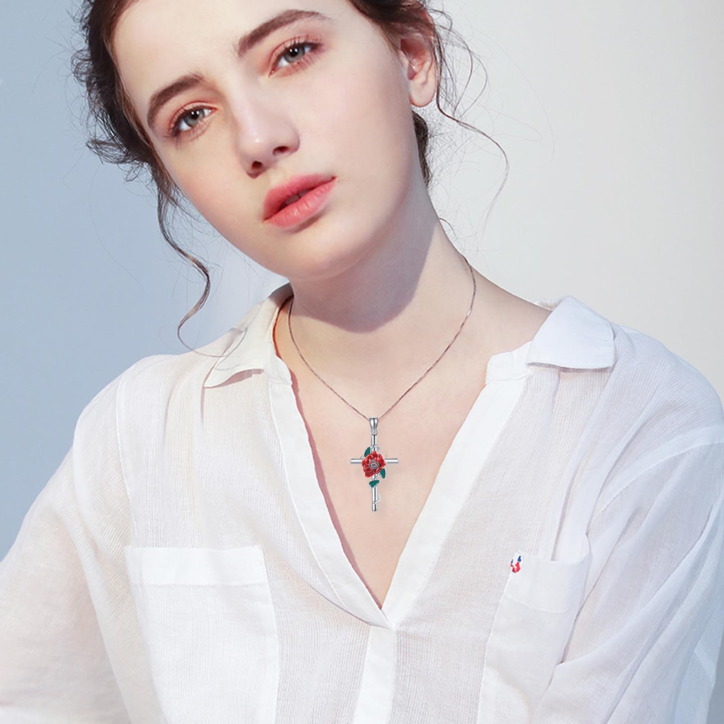 JERWLI Poppy Birth Flower Necklace 925 Sterling Silver Poppy August Birth Flower Pendant Necklace Cross Poppy Jewelry for Women Gifts