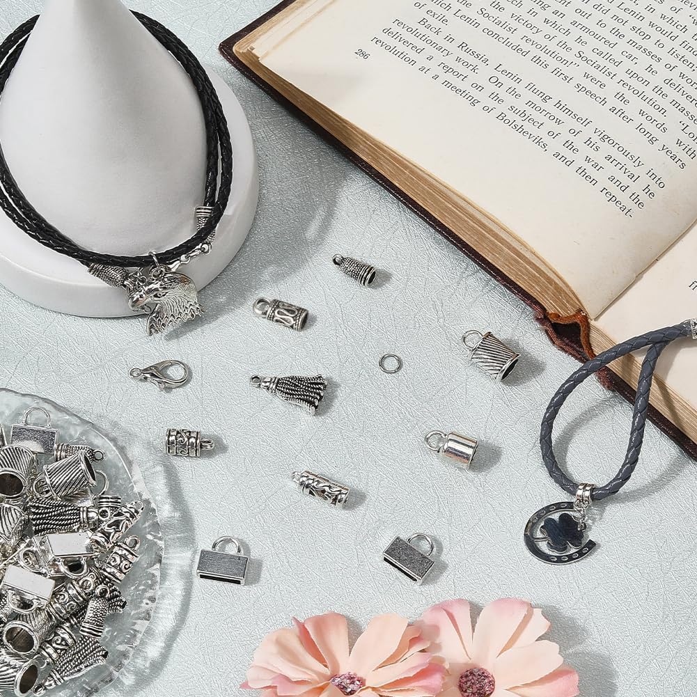 SUNNYCLUE 1 Box 230pcs Tassel End Caps Kumihimo Cord End Caps Alloy Metal Antique Silver Glue in Crimp String Leather Cords Tassel Ends Tips Supplies for Jewelry Making Kit Kumihimo Supplies Crafts