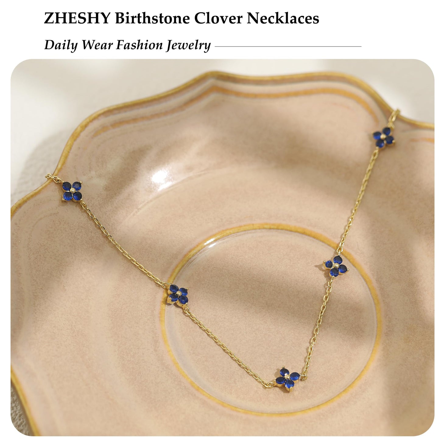 ZHESHY Birthstone Gold Necklace for Women Dainty Non Tarnish 14K Gold Plated Clover Necklaces Sapphire Blue CZ Station Choker Necklace Birthday Gifts Womens Gold Jewelry