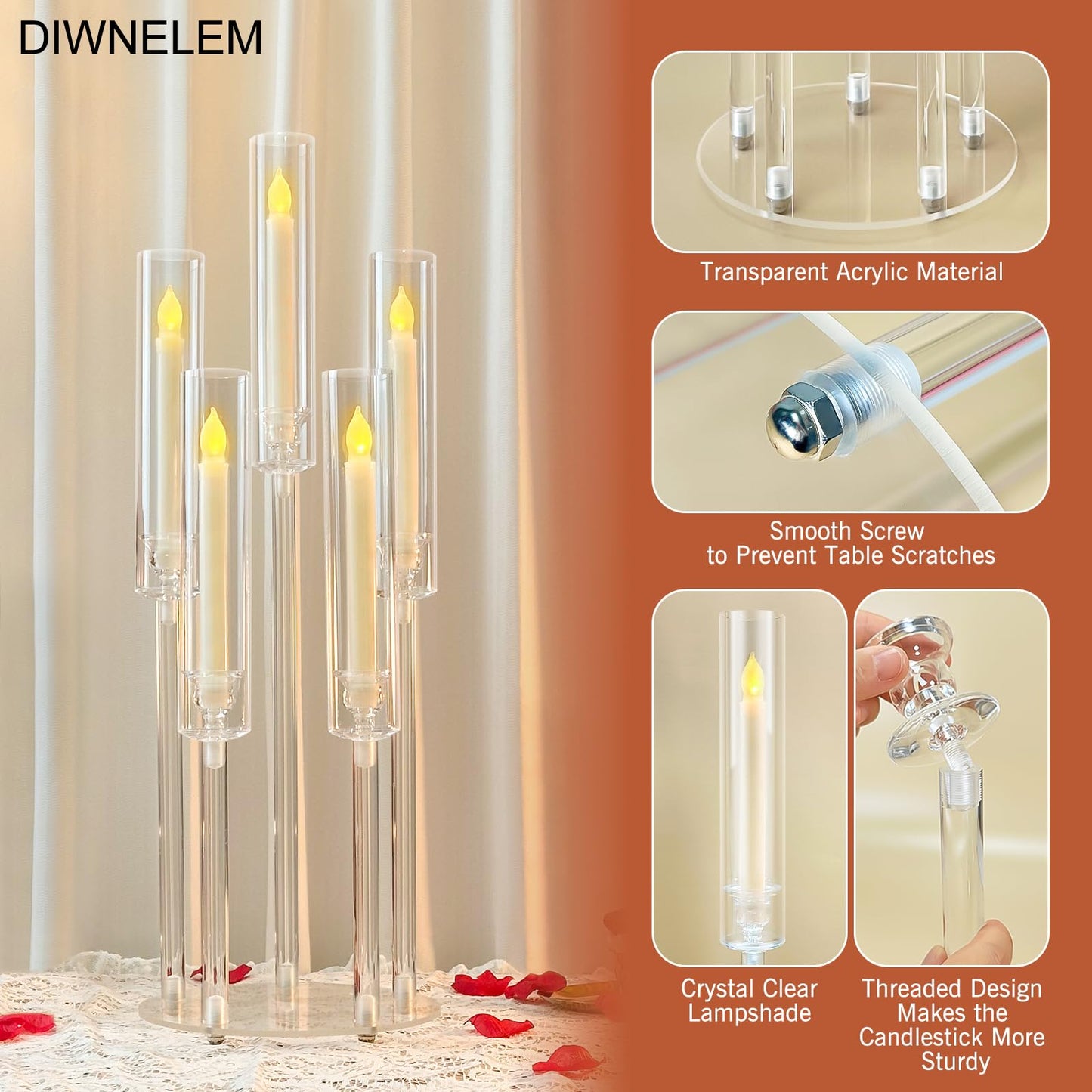 DIWNELEM 4Pcs Acrylic Candelabra Centerpieces for Wedding 5 Arm Clear Candle Candlesticks Holders 25.5" Tall Crystal Taper Candlestick with Shade Fit 0.87'' Led Candle for Christmas Party Home Decor"