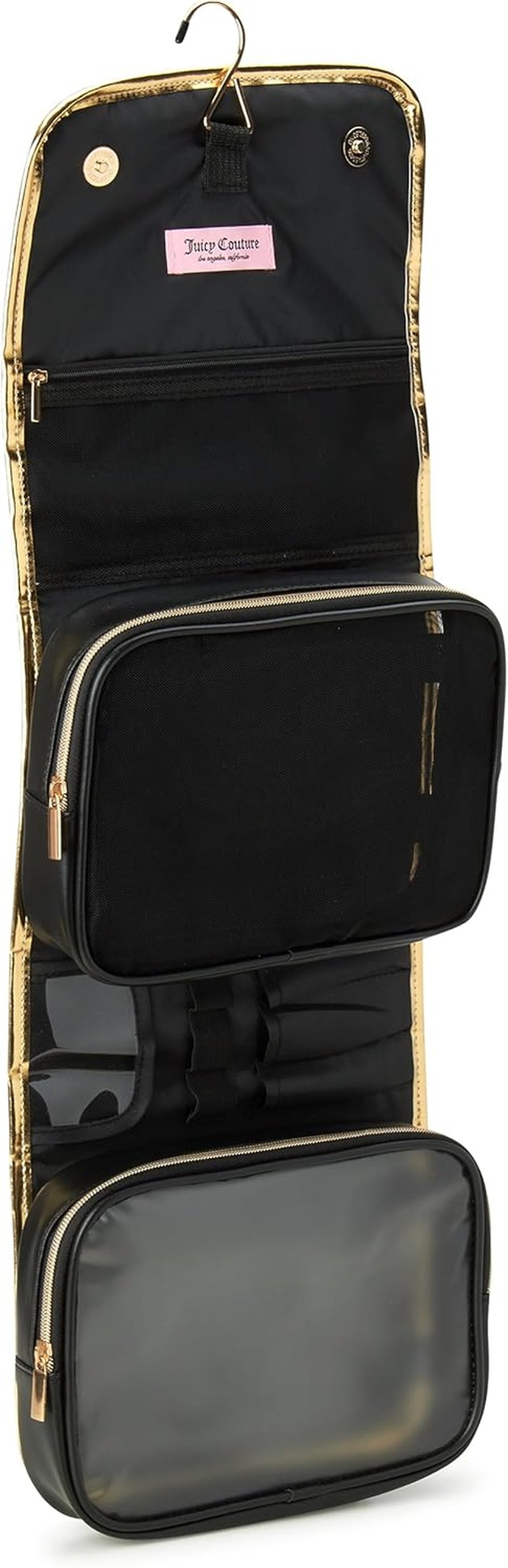 Juicy Couture Black Makeup Bag - Faux Quilted Leather Cosmetics Organizer with Hanging Hook | Travel Essential