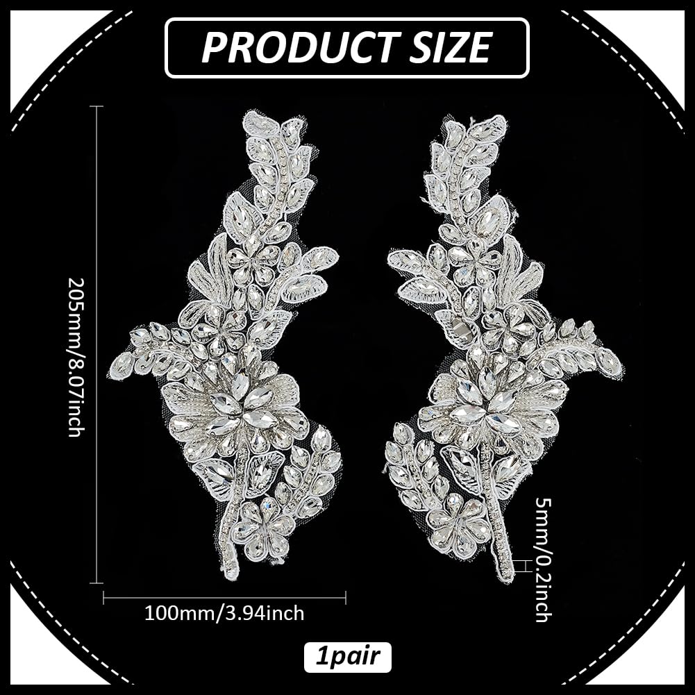 FINGERINSPIRE 2 PCS Handmade Beaded Crystal Patches Sparkly Sewing Floral Rhinestone Lace Applique Patch Clear Glass Rhinestones Embroidery Lace Patches for Wedding Dress Decoration Clothes Accessory