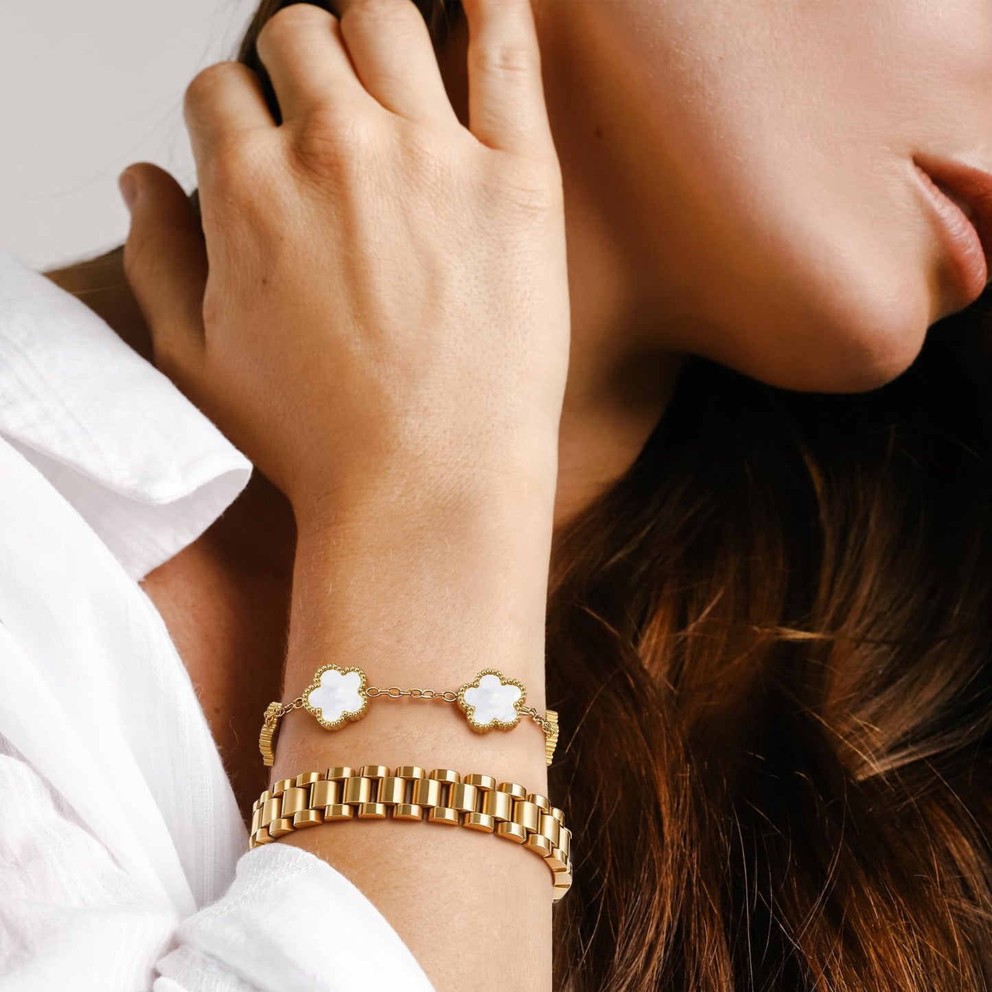 Stackable Gold Floral Bracelets Set - 3pcs 18K Gold Plated Bracelet Non-tarnish,Stainless Steel Link Chain Friendship Bracelet,Watch Band Trendy Jewelry,Christmas Valentines Birthday Gifts for Women
