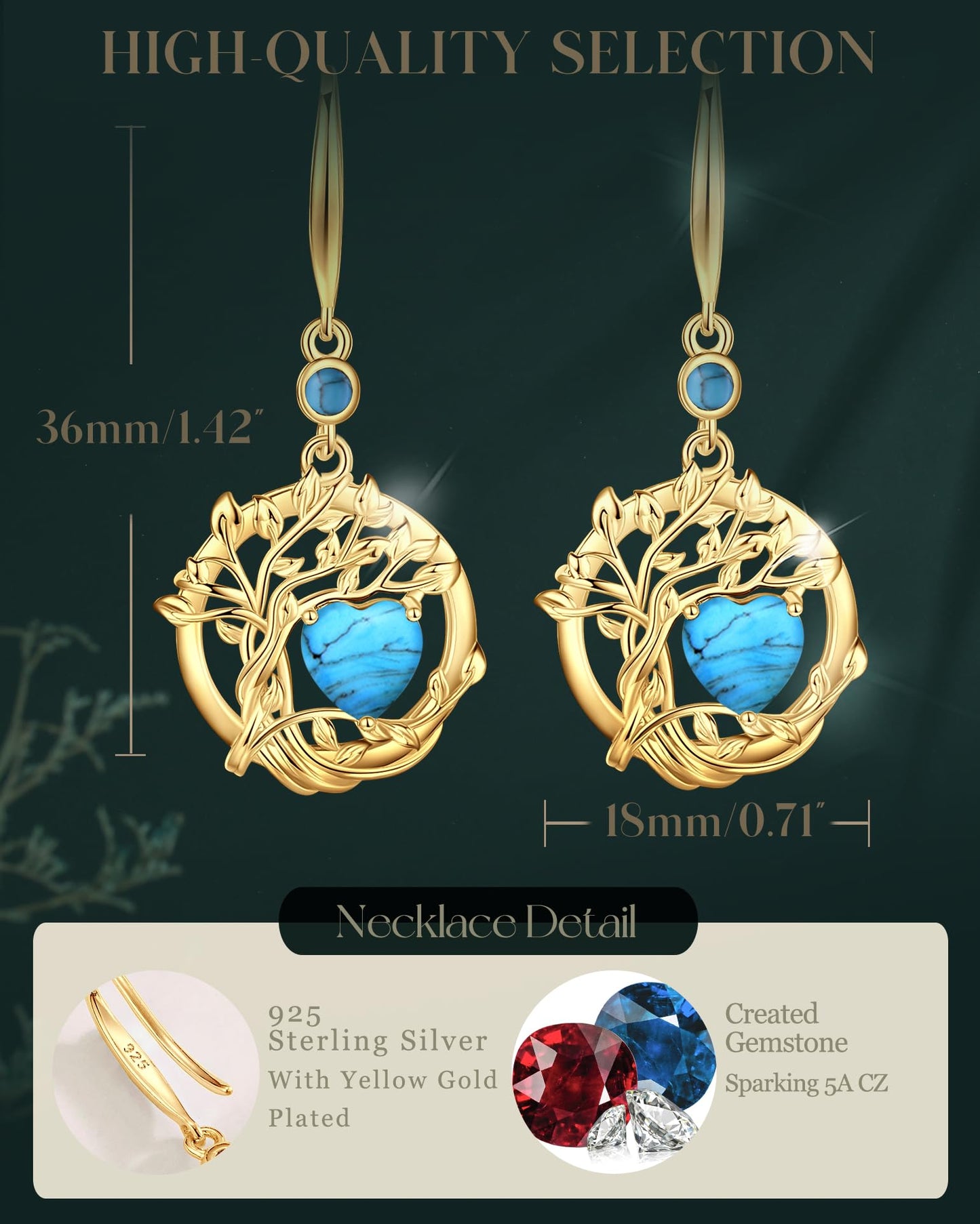 FANCIME Tree of Life Earrings 925 Sterling Silver Yellow Gold Plated Turquoise Dangle Drop Gemstone Earring December Birthstone Fine Jewelry Birthday Mothers Day Gifts for Mom Her Women