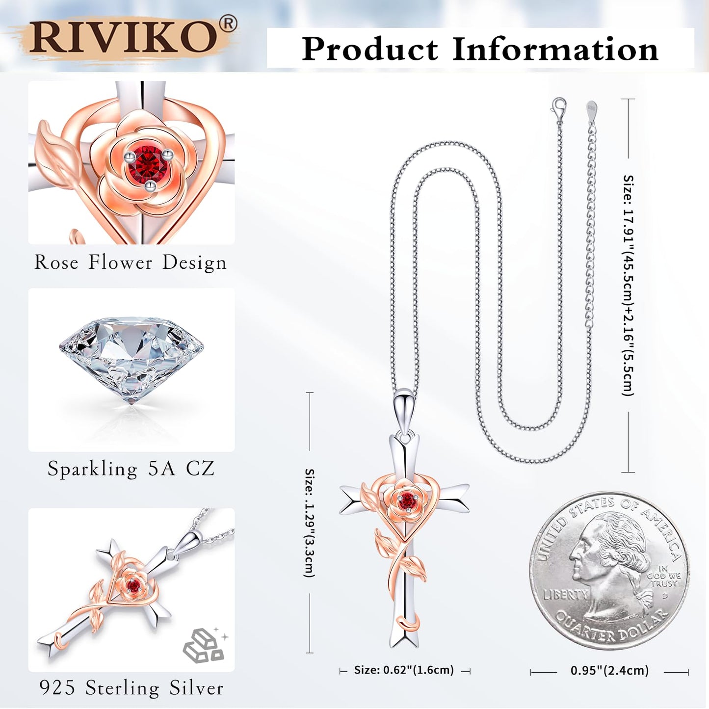 RIVIKO Mothers Day Gifts for Mom-925 Sterling Silver Cross Jan Birthstone Necklace for Women Cross Rose Necklaces Valentine's Day Christmas Anniversary Jewelry Birthday Gift for Women Her Wife