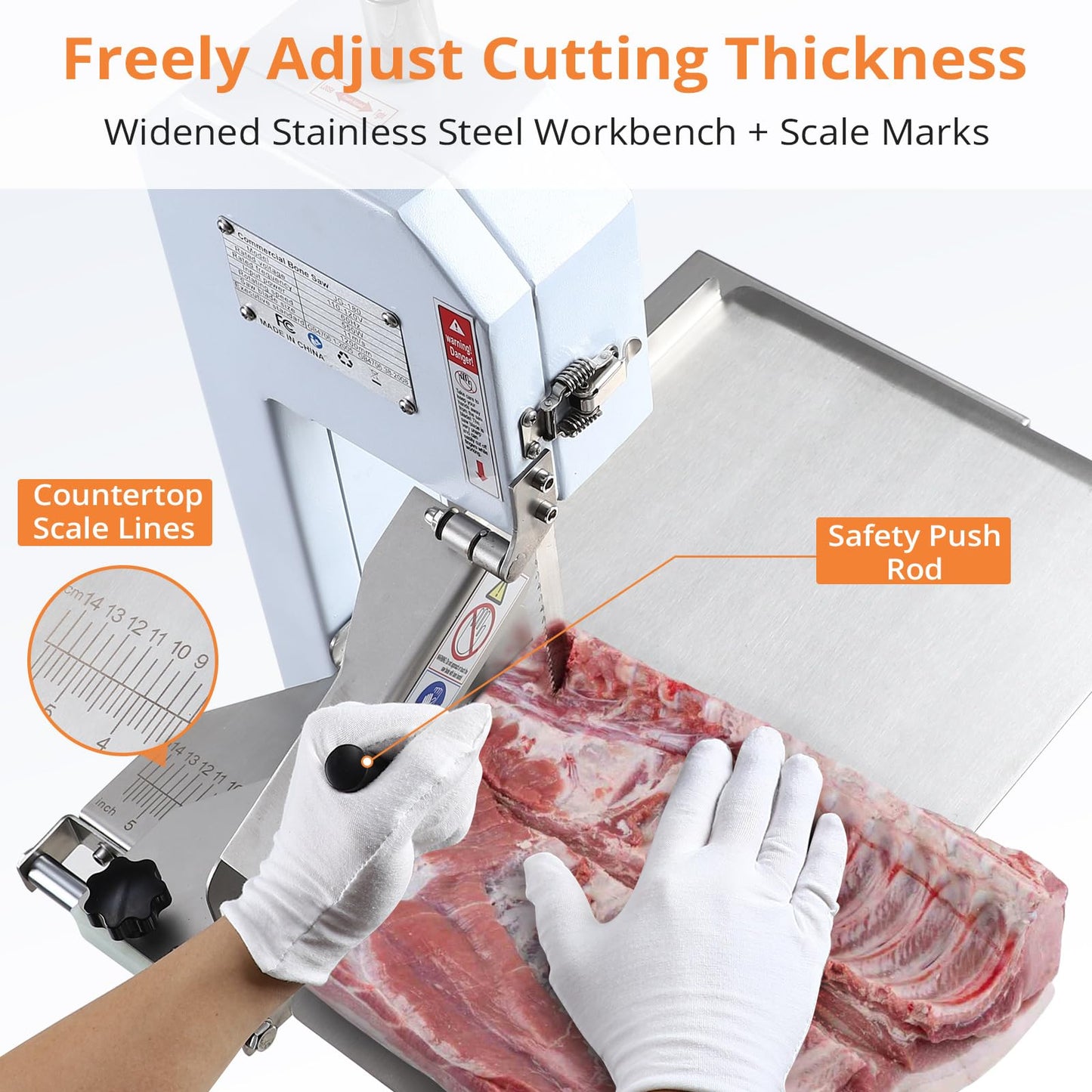 Bone Saw for Butchering, 550w Commercial Bandsaw Machine, Heavy-Duty Electric Meat Saw with 6 Blades, Cuts Up to 5.7 Inches Thick, Rustproof 19.3"x12.4" Table, for Frozen Beef, Pork & Chicken