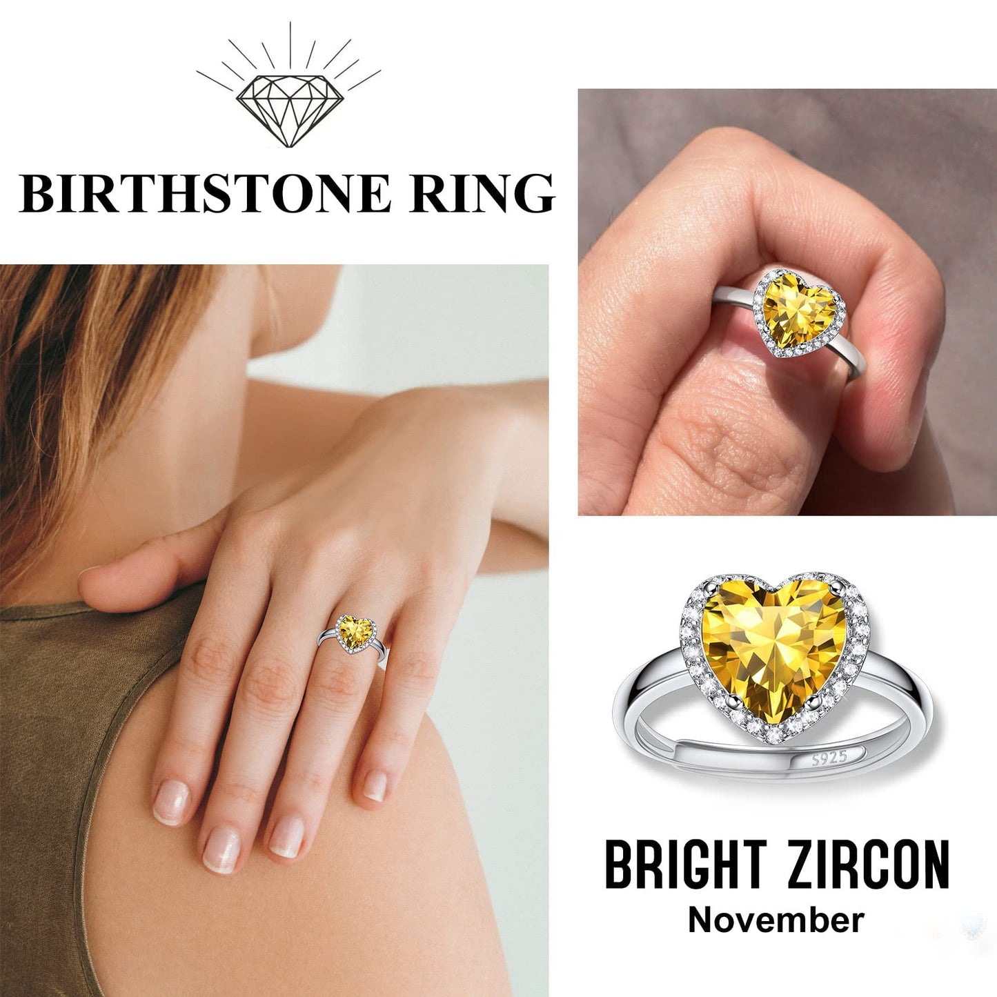Bestyle S925 Sterling Silver Heart Crytsal Rings, Dainty November Critine Crystals Birthstone Rings, Anniversary/Mother’s Day/Birthday Jewelry Gifts for Women Mom/Wife/Sister/Best Friend