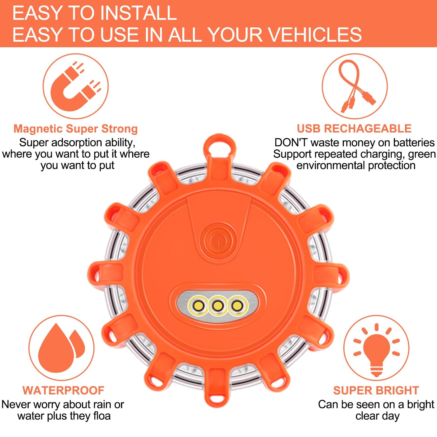AK LED Road Flares Rechargeable Safety Flashing Warning Light Roadside Emergency Disc Beacon Kit for Vehicles Boats with Magnetic Base & Hook & USB Charging Cables (4 Pack)