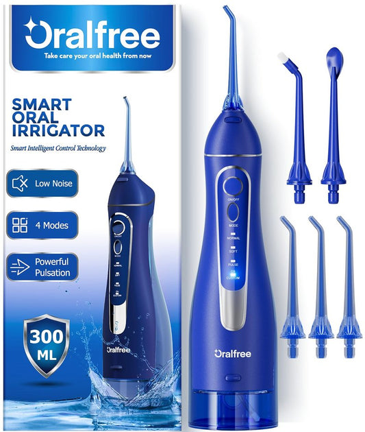 Oralfree Water Dental Flosser Cordless for Teeth Cleaning - 4 Modes Oral Irrigator 300ML Braces Flossers Cleaner, Rechargeable Portable IPX7 Waterproof Powerful Battery for Travel Home