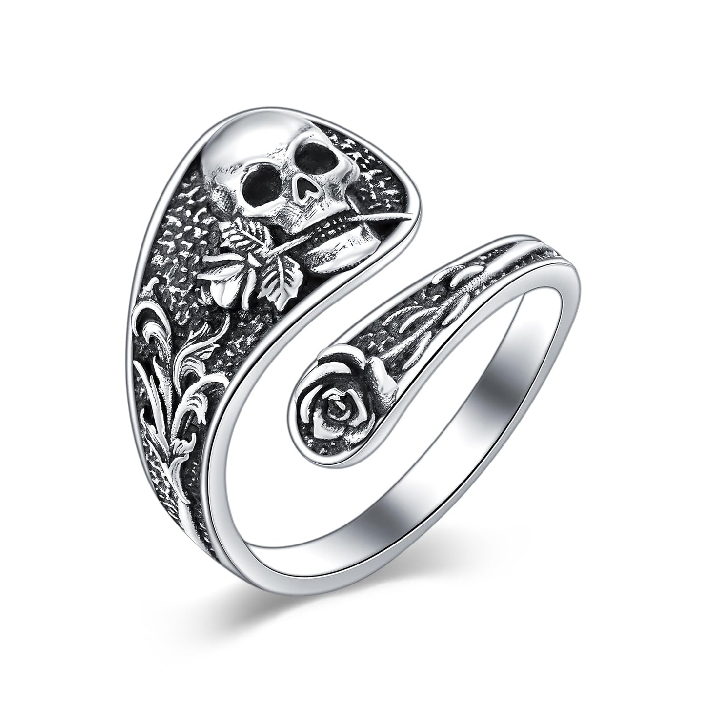 Midari Skull Rose Spoon Rings for Women Sterling Silver Skull Ring Adjustable Punk Skull Rings Skull Rings Open Antique Spoon Rings Jewelry for Women Hallowee Birthday Christmas Gifts(Customization)