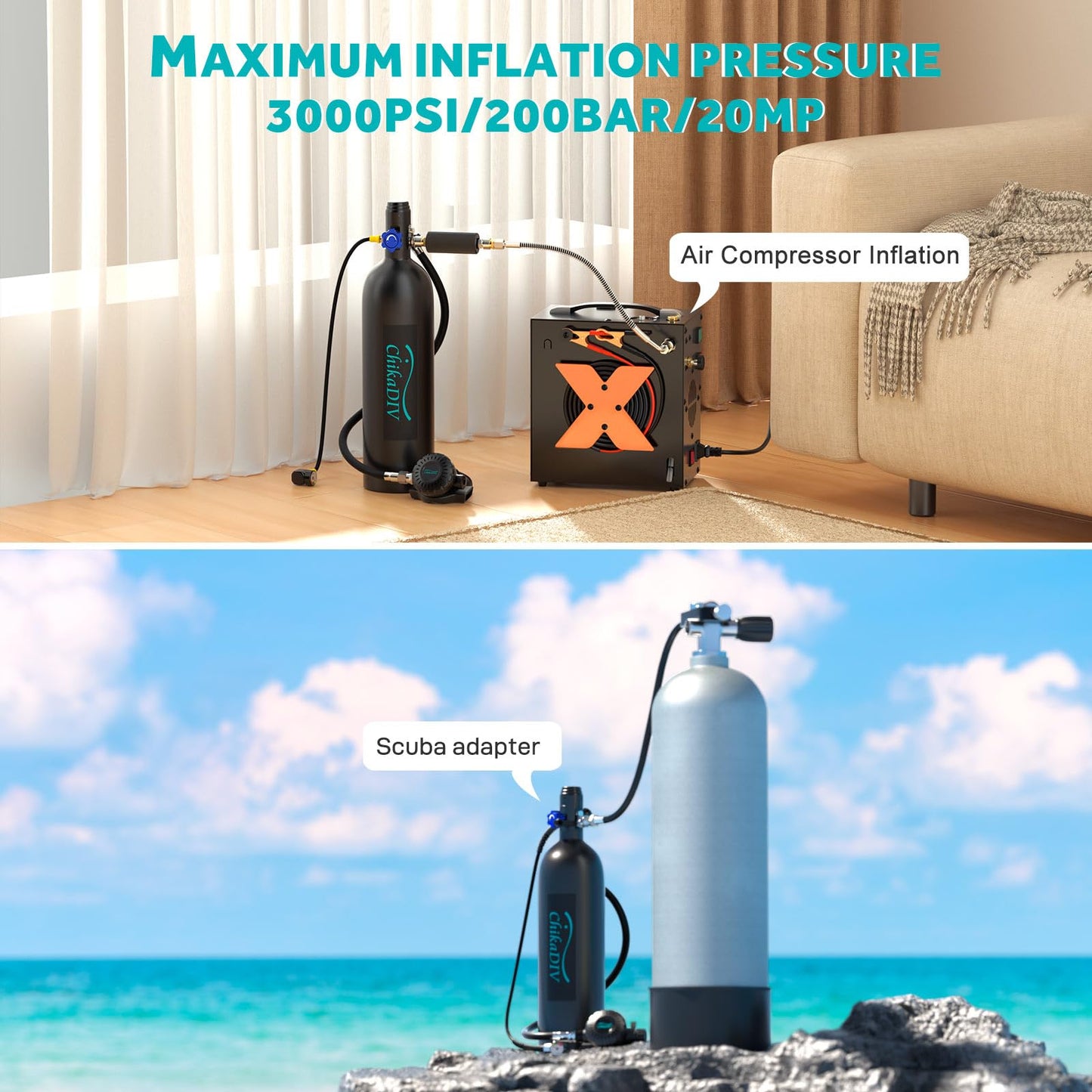 CHIKADIV Mini Scuba Tank 1.9l Lung Tank Scuba Tank for Adult Dive Portable Scuba Diving Tank for Underwater Entertainment, Emergency Rescue A Green