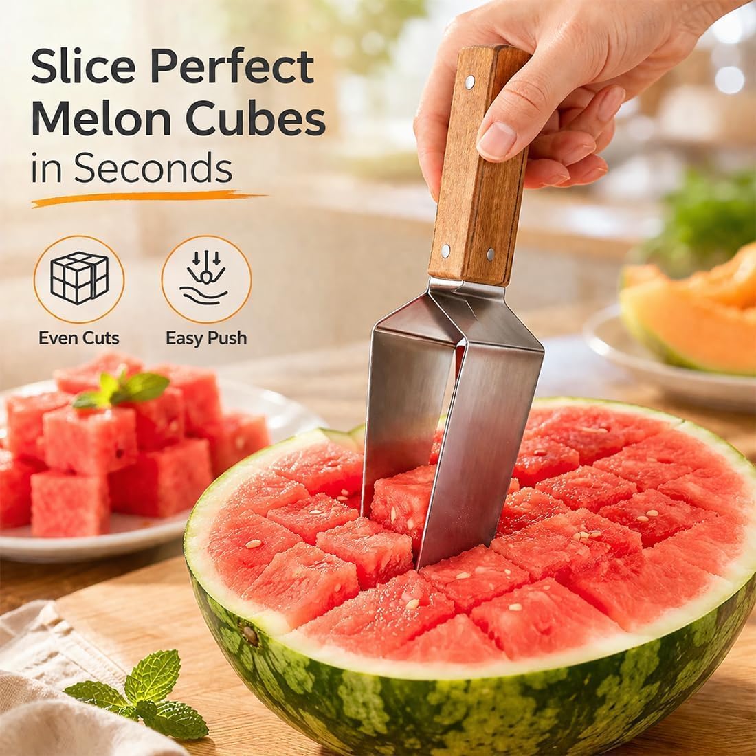 Triangle Watermelon Cutter, 2026 New Portable Stainless Steel Watermelon Slicer, Watermelon Cutter Slicer Tool with Wooden Handle, Melon Slicer, Fruit Cutter for Home, Kitchen, Camping, Picnic (2PCS)