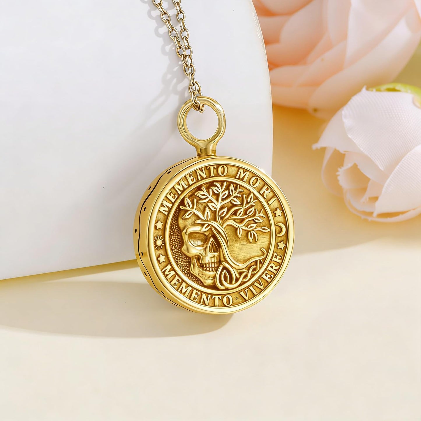 Memento Mori Gold Skull Urn Necklace for Ashes Gothic Tree of Life Hourglass Cremation Memorial Jewelry Amulet Protection Necklace Gift for Men Women Him Her