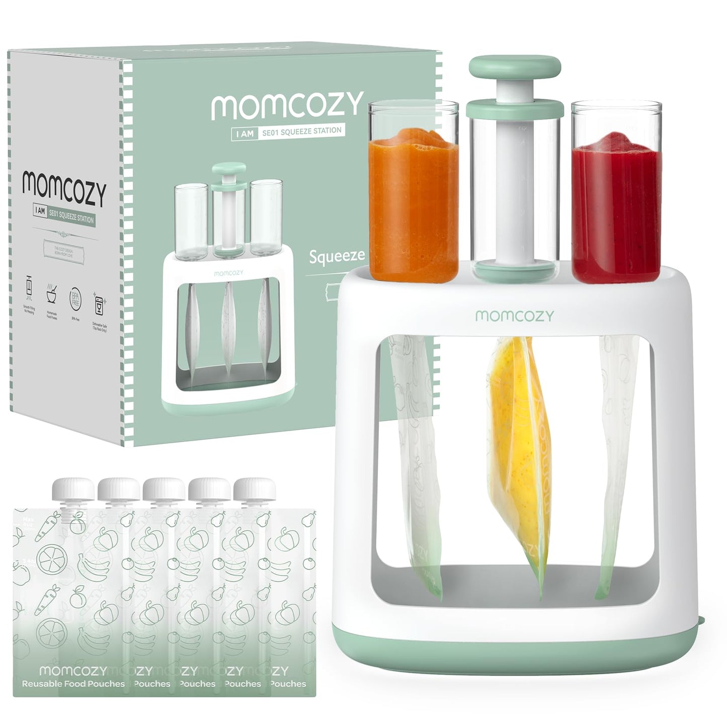 Momcozy Squeeze Station,Baby Food Maker,Pouch Filler for Homemade Baby Puree, BPA-Free, Dishwasher Safe, with Reusable Baby Food Pouches for Babies & Toddlers