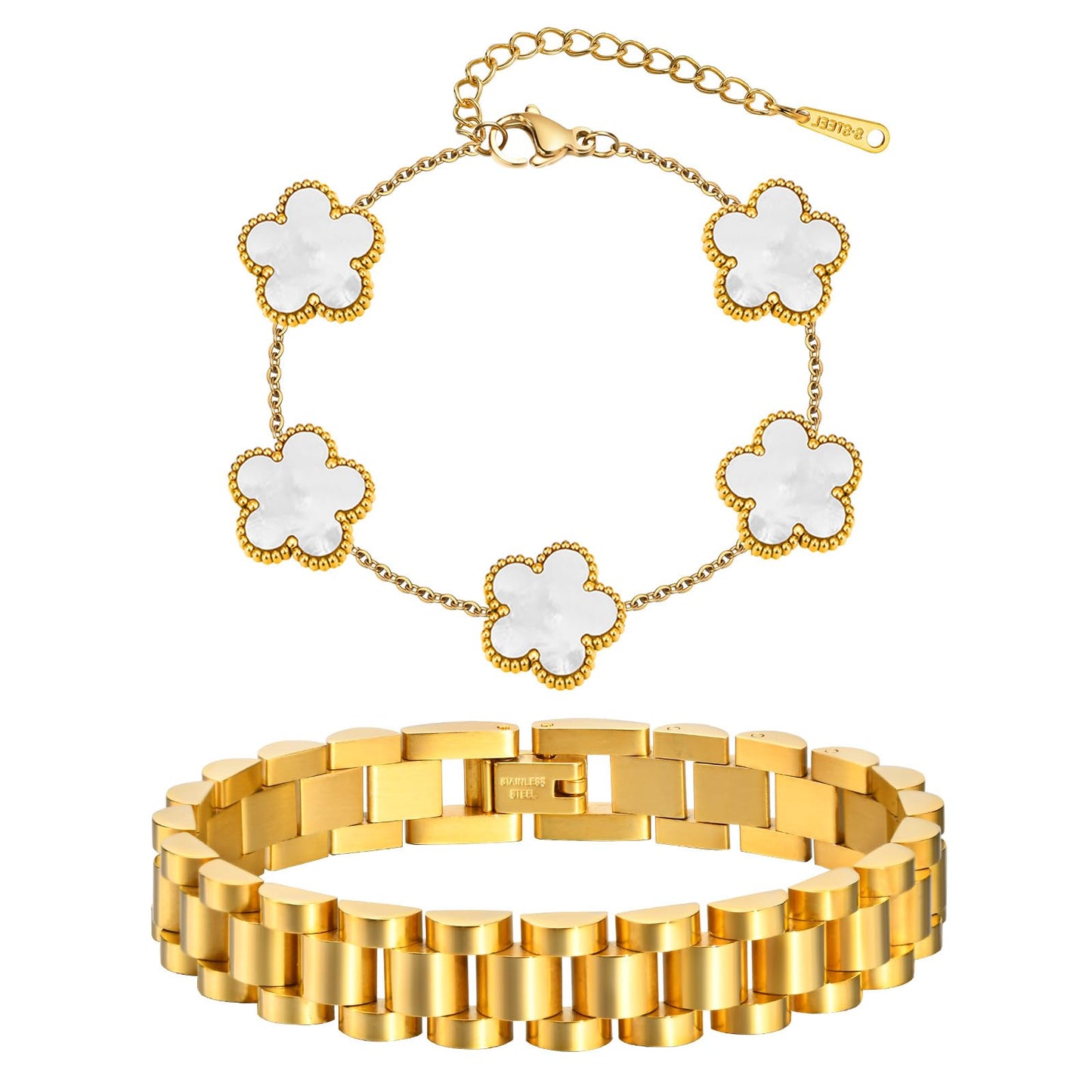 Stackable Gold Floral Bracelets Set , 2pcs 18K Gold Plated Bracelet Non-Tarnish,Stainless Steel Link Chain Friendship Bracelet,Watch Band Trendy Jewelry,Christmas Valentines Birthday Gifts for Women