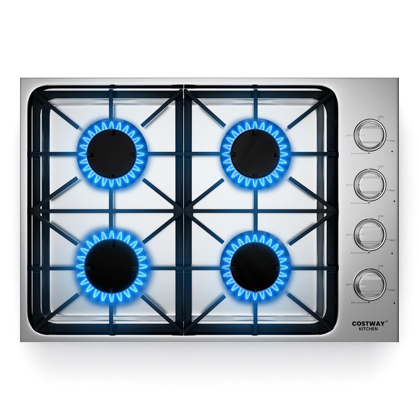 COSTWAY 30-inch Gas Cooktop, Stainless Steel Stove Top with 4 Burners, ABS Knobs and Cast Iron Grates, NG/LP G Convertible Gas Range Top with Sealed Burners for Kitchen, Easy to Clean, Silver