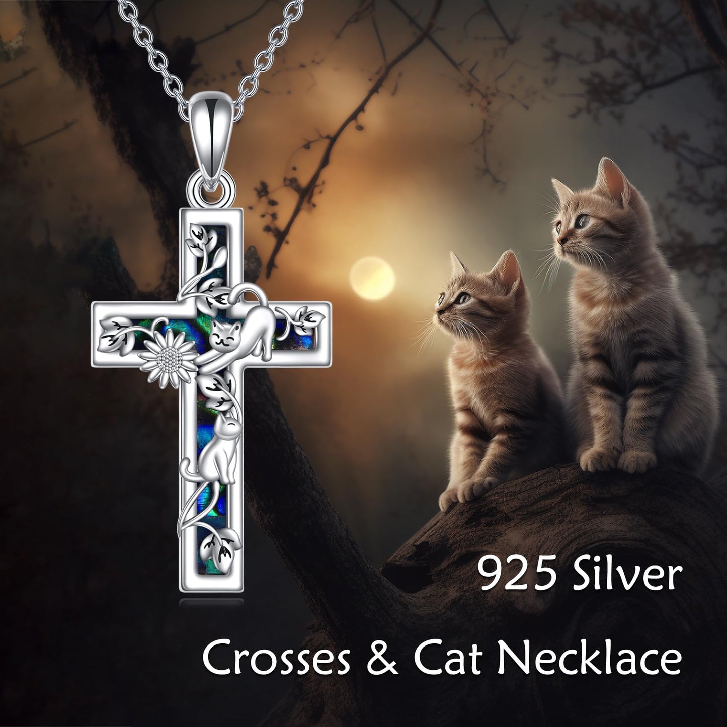 YFN Sunflower Cross Necklace Sterling Silver Cat Cross Pendant Abalone Shell Jewelry Religious Christian Baptism Gifts for Her Women