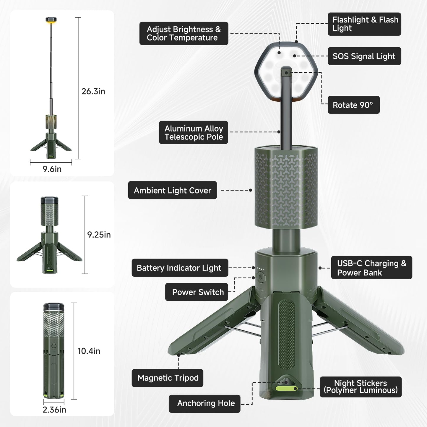 Telescopic Camping Lights, Rechargeable 10500mAh Camping Lantern with Storage Bag, Waterproof LED Camping Lamp with Magnetic, Portable Outdoor Tent Light for Camping,Hiking,Emergency,Fishing (Green)