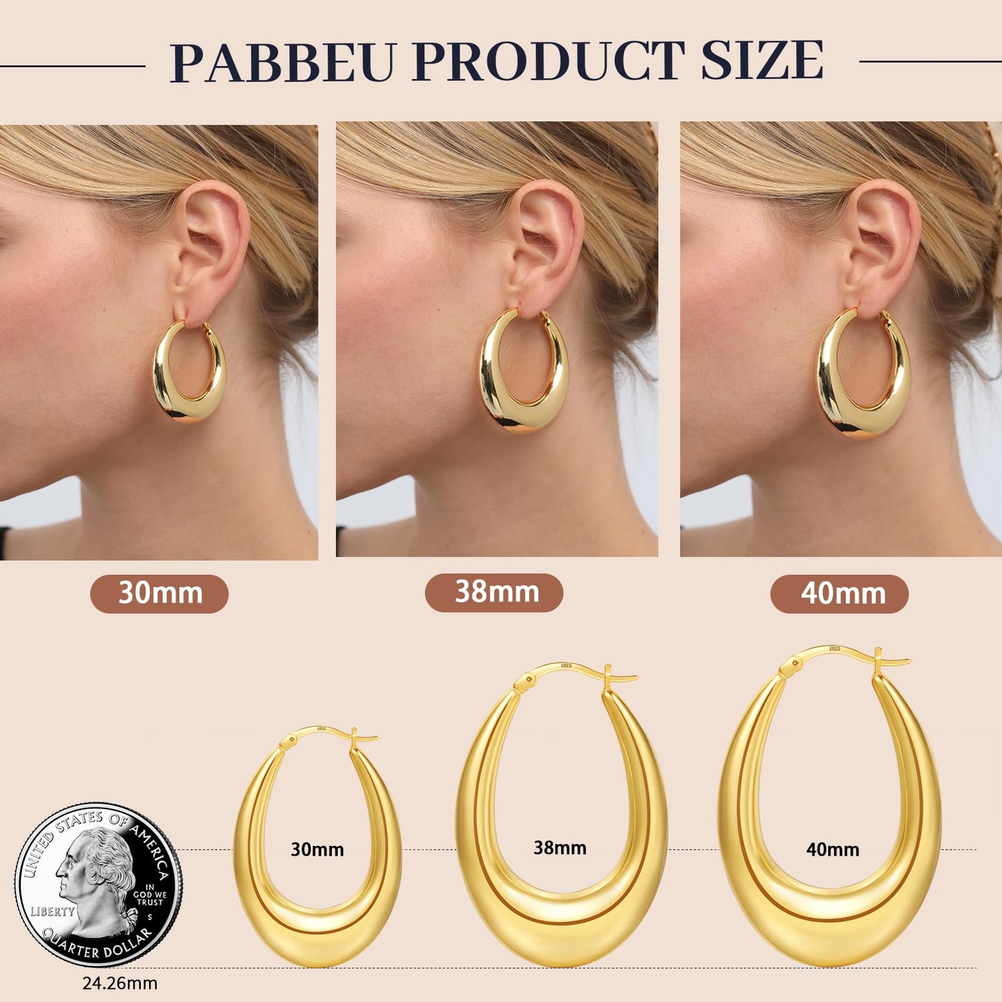 PABBEU Chunky Gold Hoop Earrings for Women, Lightweight 14k Golden Plated Hoops Earrings, Hypoallergenic 925 Oval Golds Hoops Earrings, Thick Gold Hoop Earrings for Women Gifts (40mm)