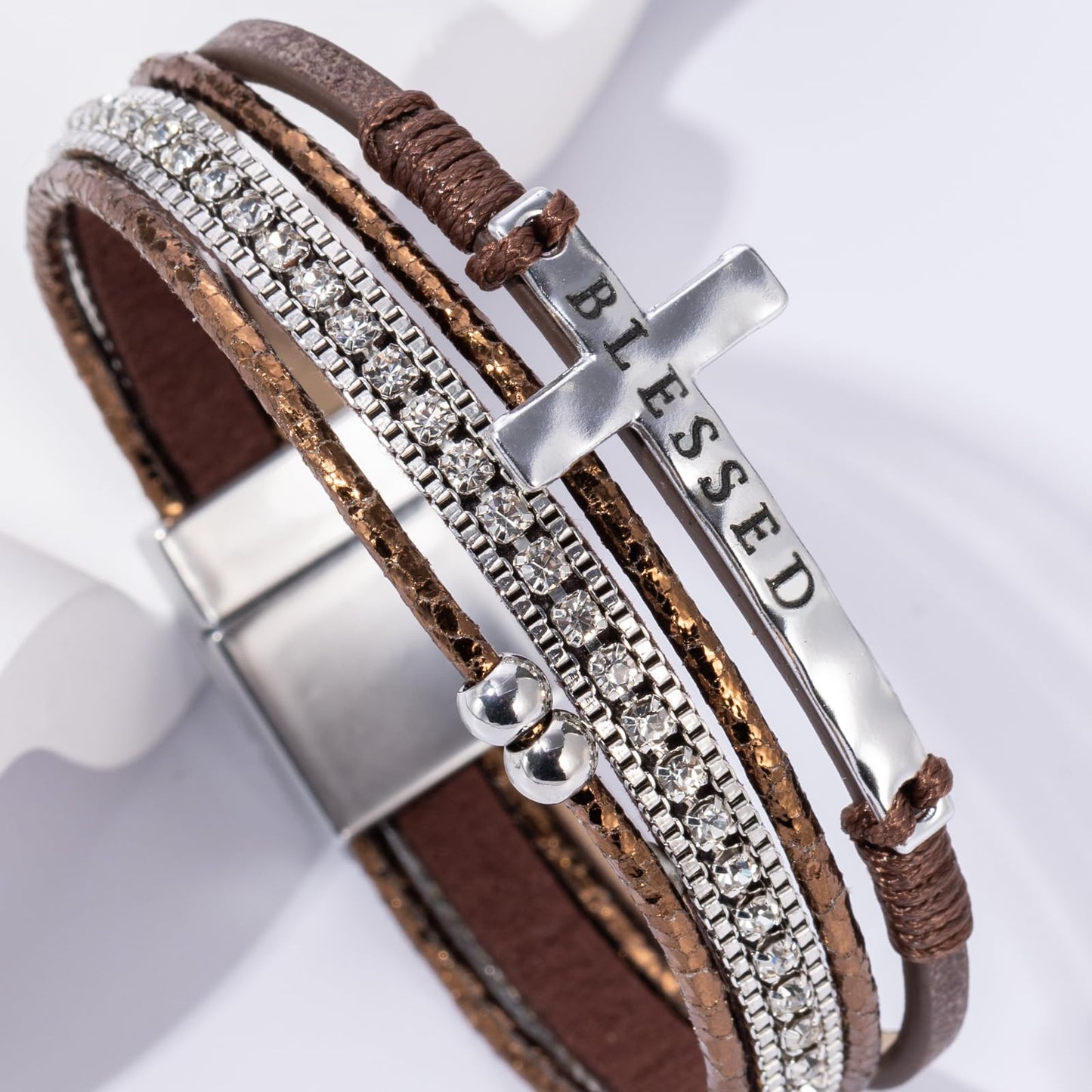 Becklynn Boho Leather Wrap Bracelets Beaded Crystal Stackable Cuff Bracelet with Magnetic Clasp Cowboy Cowgirl County Concert Outfits Western Jewelry Gifts for Women(Cross Brown)