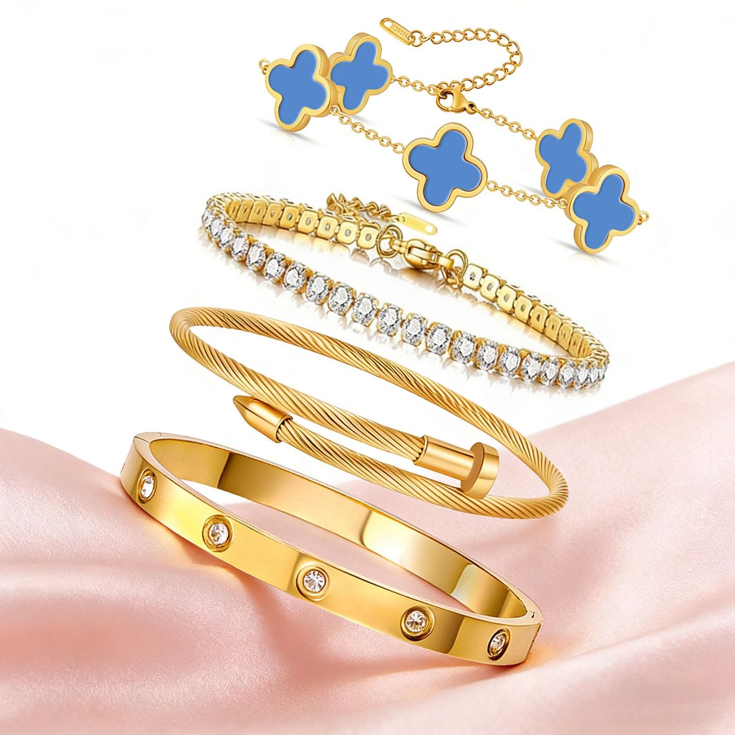 Gold Bracelets for Women, 18K Gold Plated Women Tennis Bracelets Clover Nail Love Bangle Bracelet Set, Gold Bracelet Stackable Set Trendy Jewelry, Gifts for Women's Day and Mother's Day (13-Color- 4 Blue)