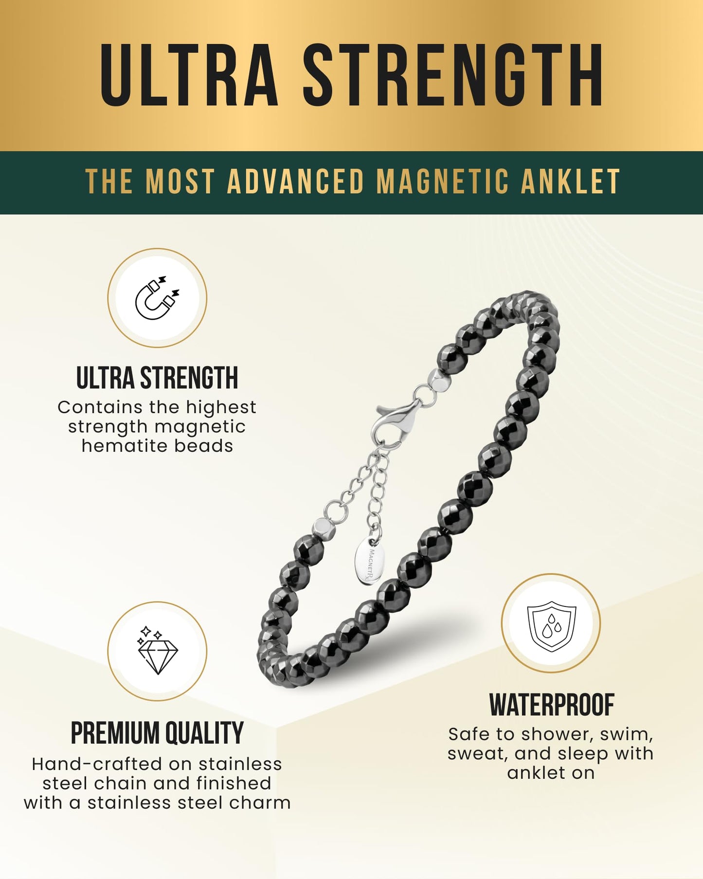 MagnetRX Hematite Magnetic Anklet - Ultra Strength Stones - Elegant Ankle Bracelets for Women - Metallic Black Beaded Hematite Anklets for Women and Men (6mm Faceted Beads)